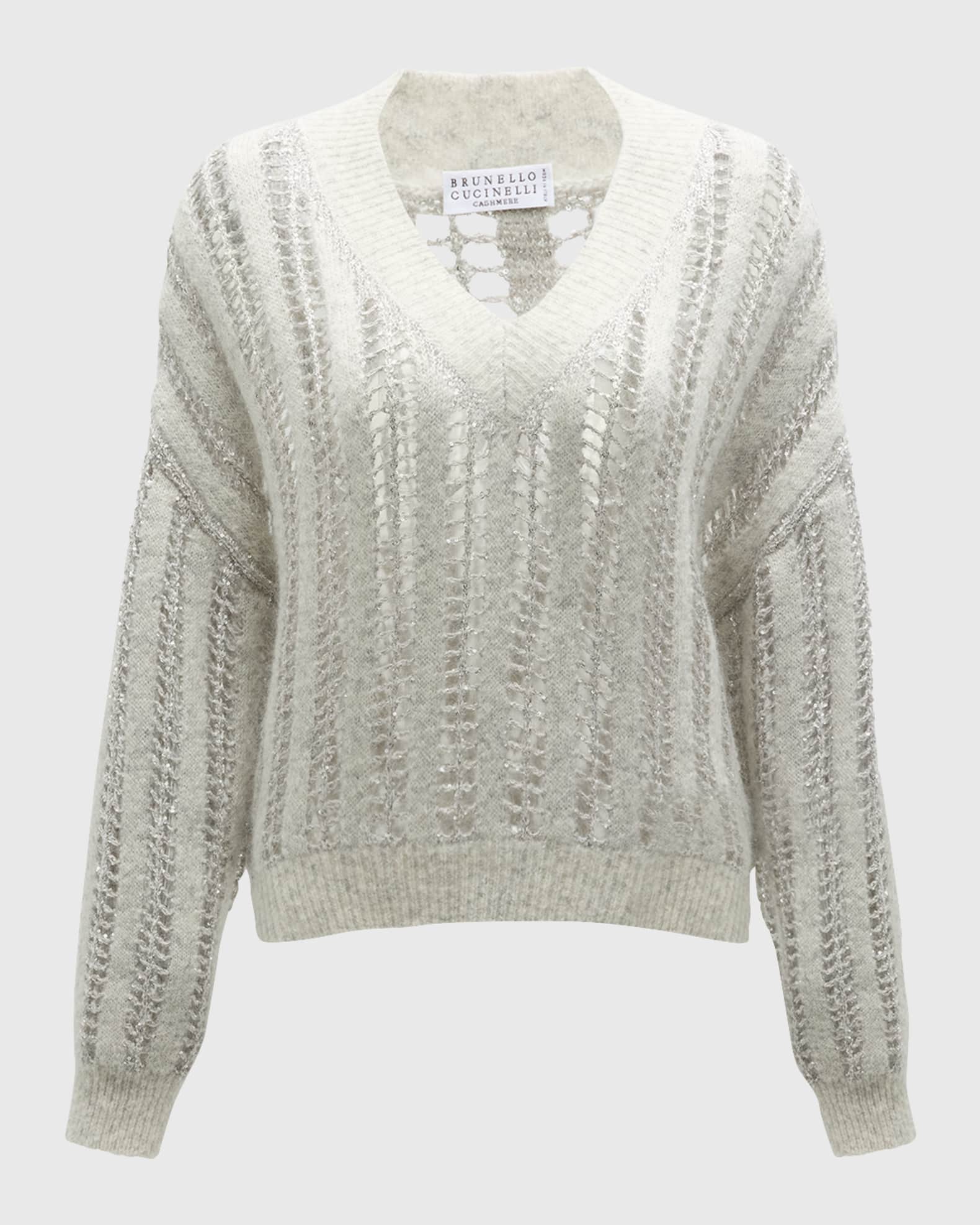 Mohair Wool Lattice Knit Sweater with Paillette Detail  0