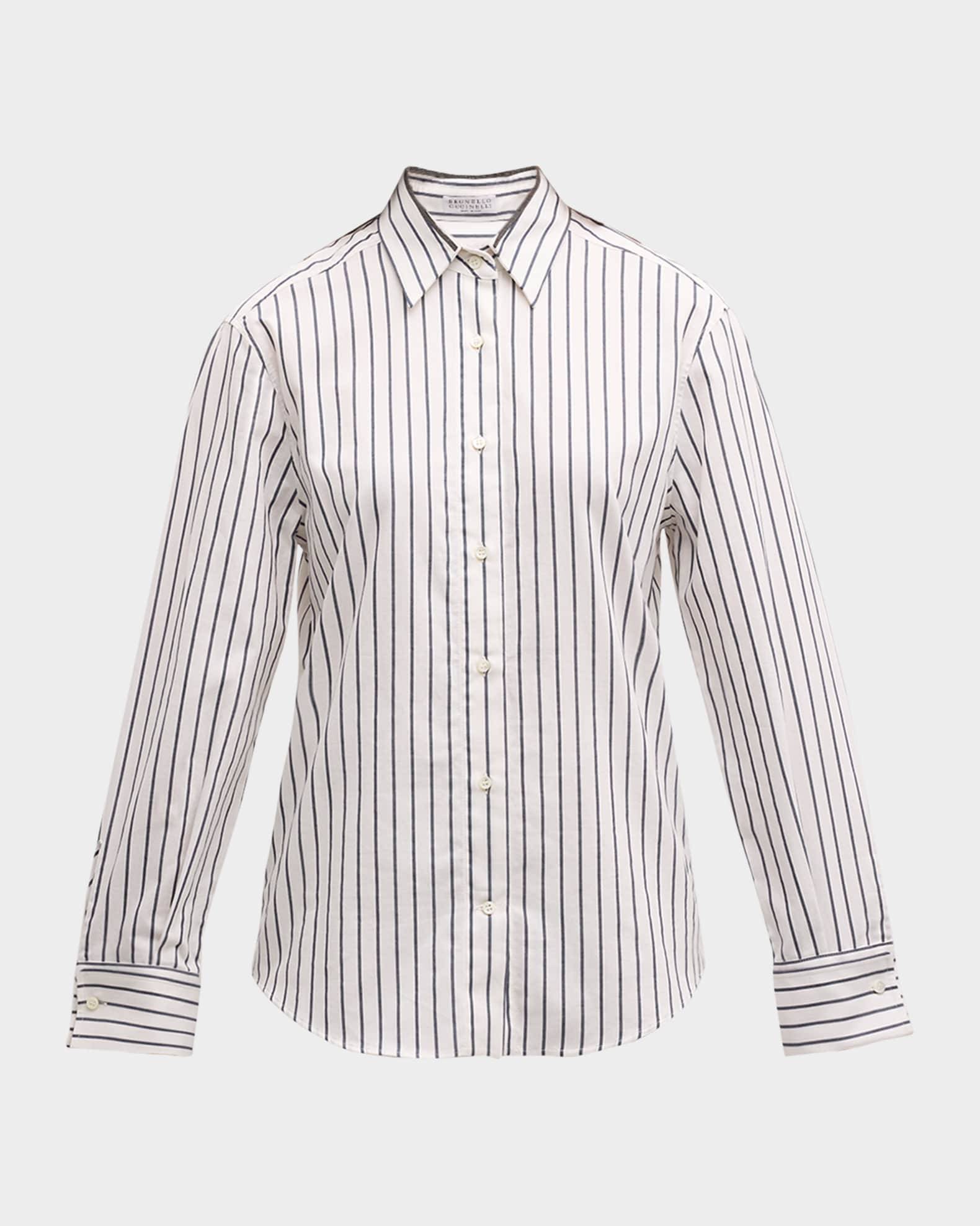 Brunello Cucinelli Monili Collar Cotton Twill Striped Blouse