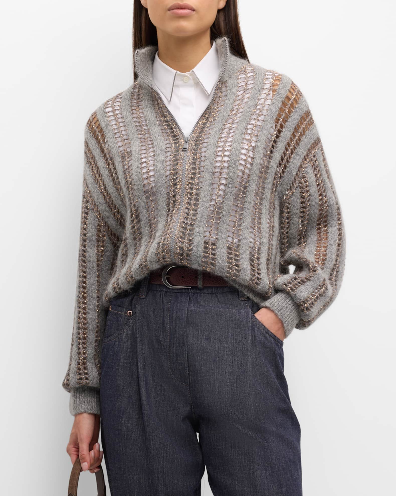 BRUNELLO CUCINELLI ケーブル スパンコール装飾 カーディガン