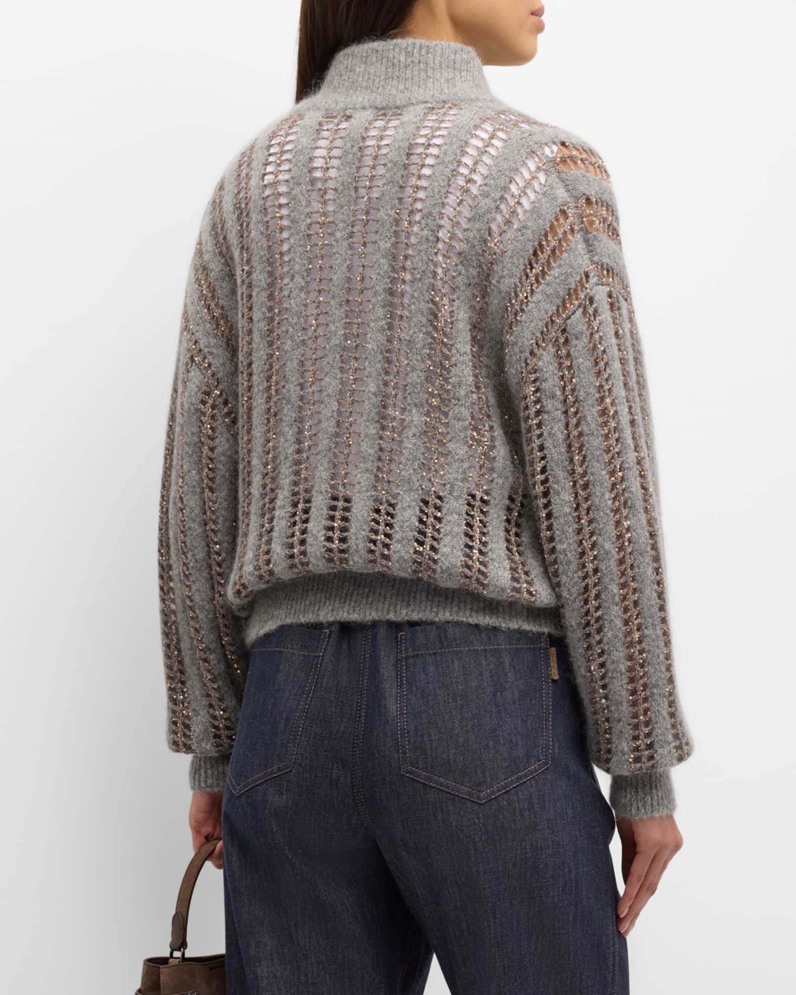Brunello Cucinelli Mohair Wool Lattice Knit Zip-Up Cardigan with Paillette  Detail | Neiman Marcus