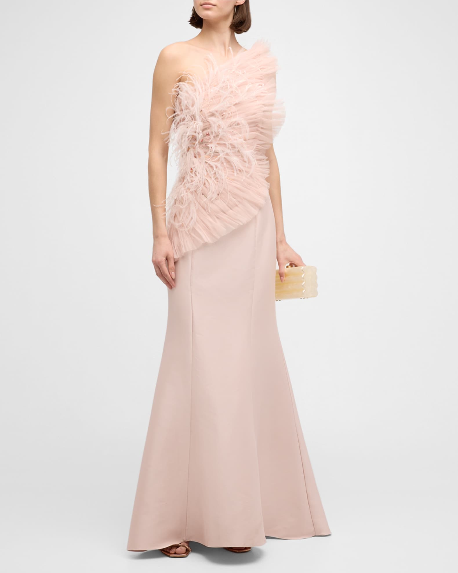 Badgley Mischka Collection Strapless Feather Embellished Ruffle Gown Neiman Marcus