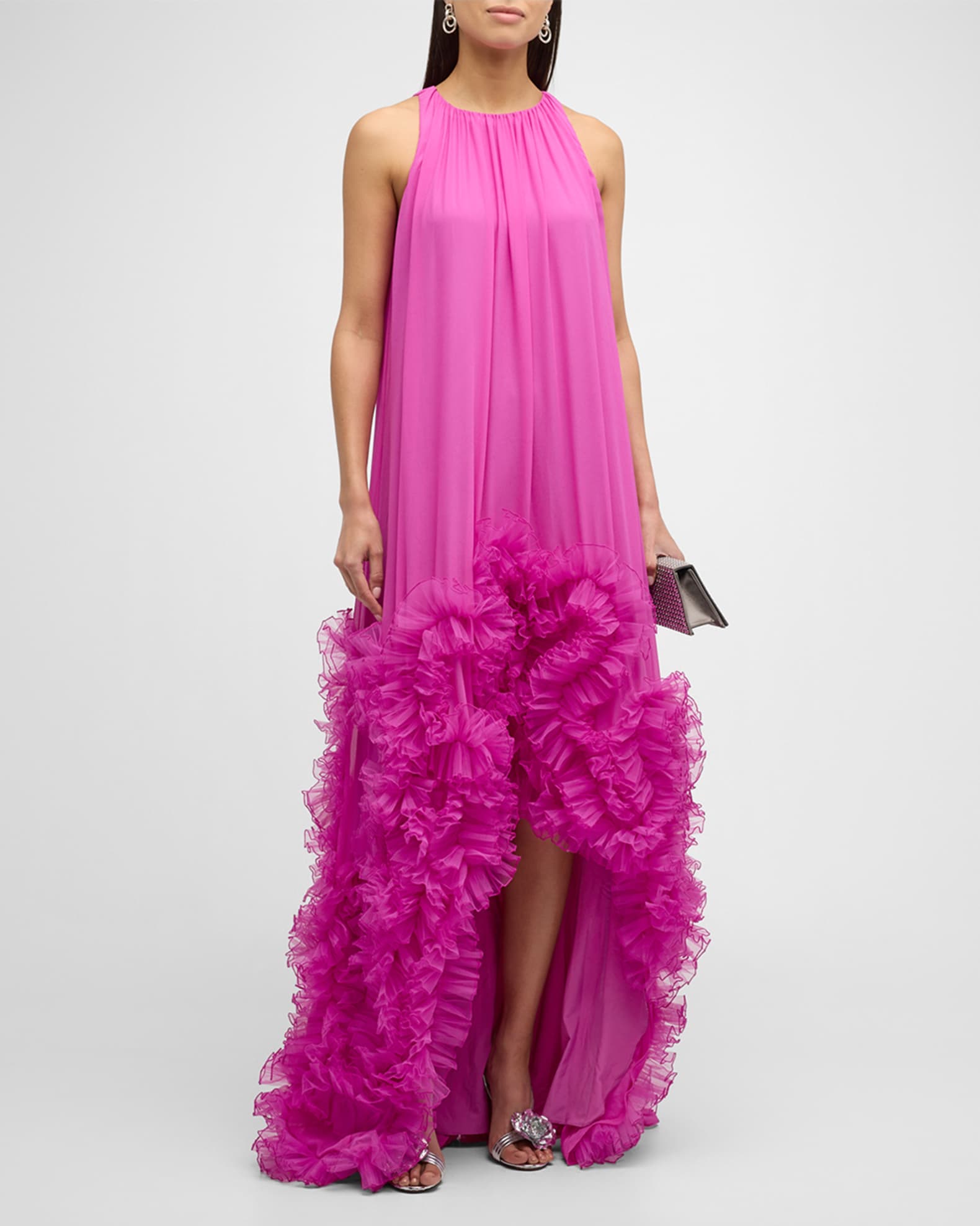 Badgley Mischka Collection High Low Ruffle Trim Trapeze Gown Neiman Marcus