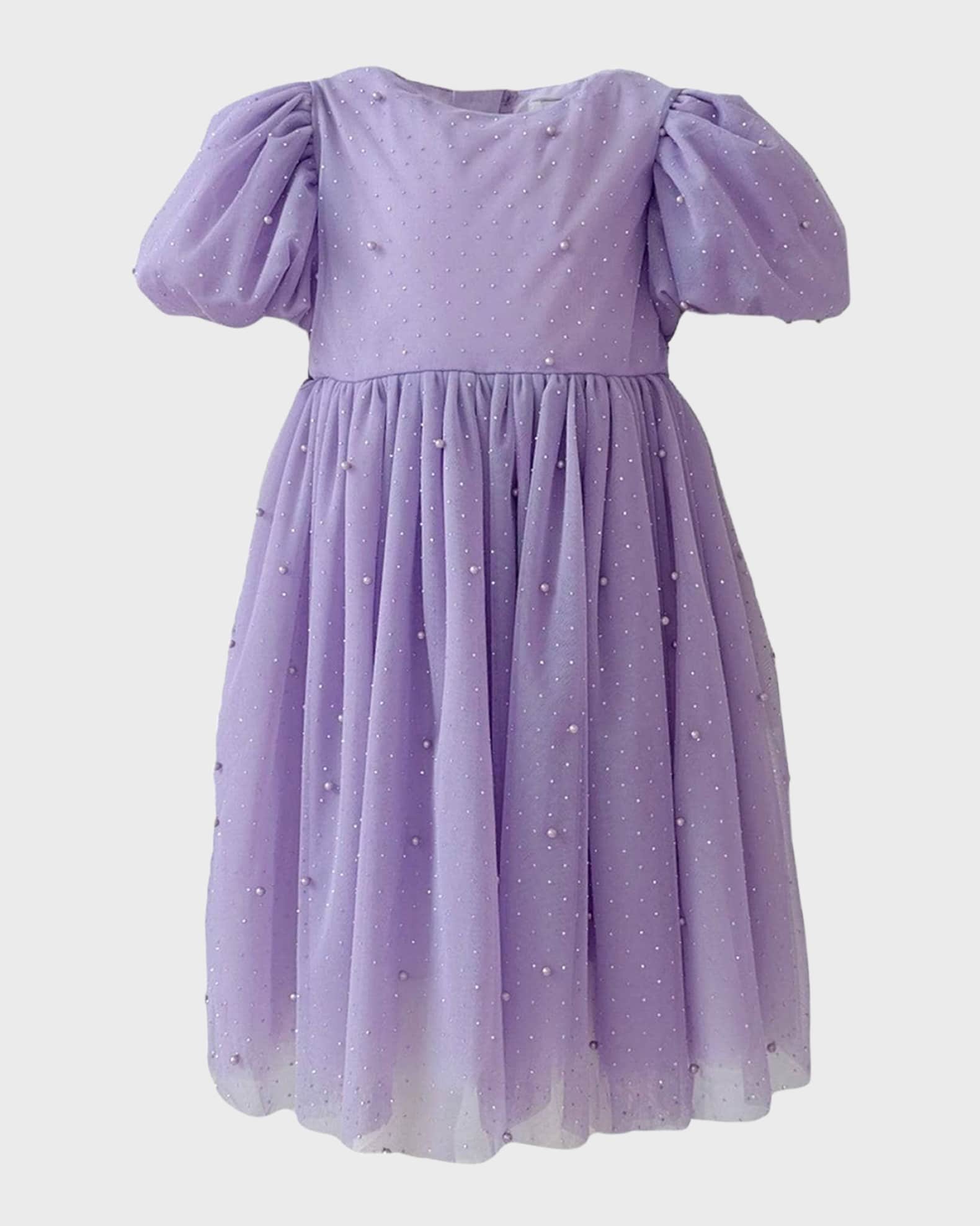 Girl's Lavender Crystal Pearl Tulle Dress, Size 2-14 0