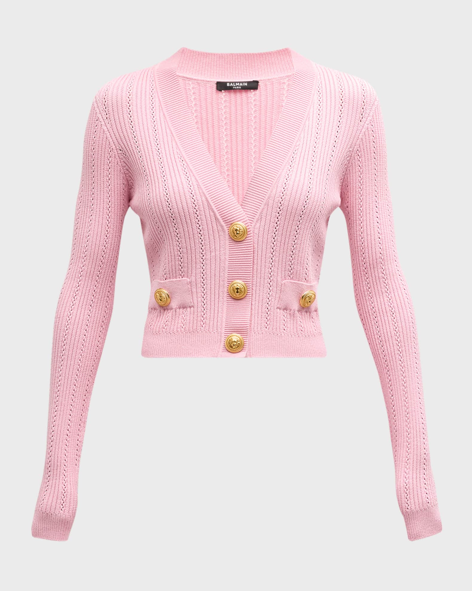 Balmain Buttoned Pointelle Rib Knit Crop Cardigan Neiman Marcus