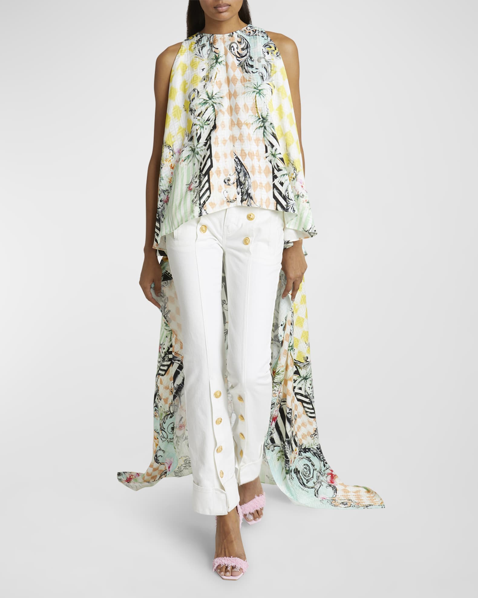 Balmain Monogram Baroque-Print Sleeveless High-Low Kaftan