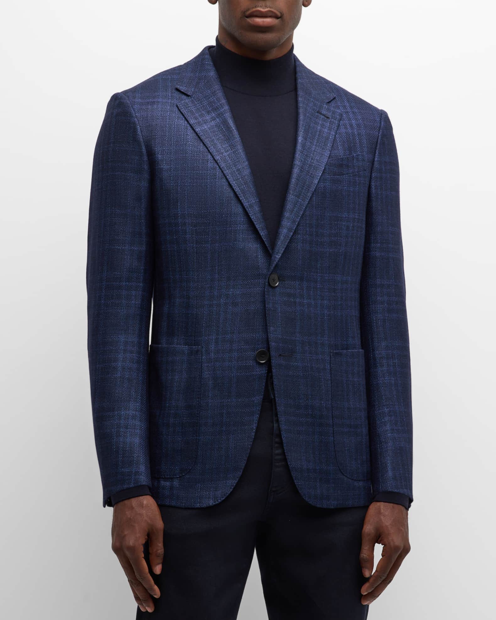 Zegna Plaid Cashmere Silk Sport Coat Blue Navy Check