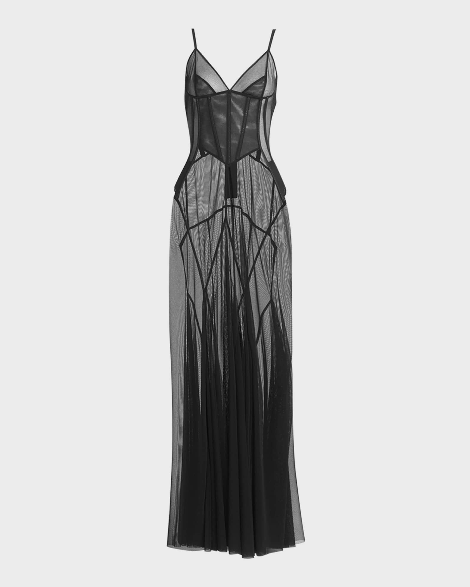 Dolce&Gabbana V-Neck Sleeveless Sheer Tulle Corset Godet Maxi Dress