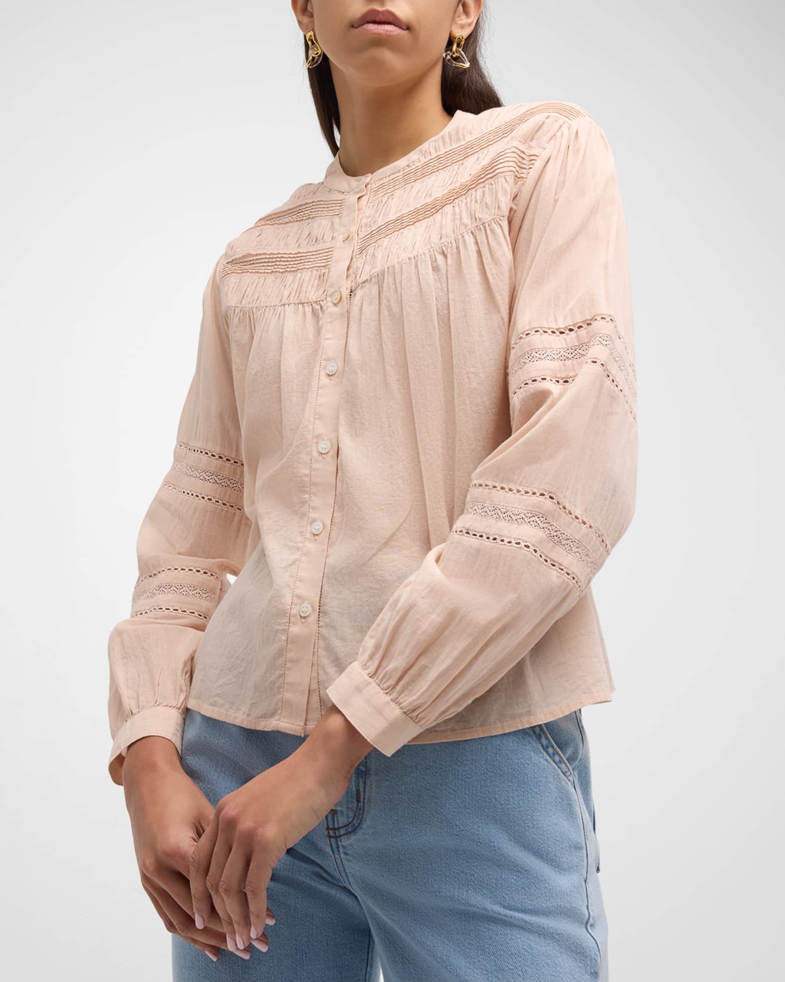 Xirena Allie Shirred Lace-Inset Cotton Shirt | Neiman Marcus