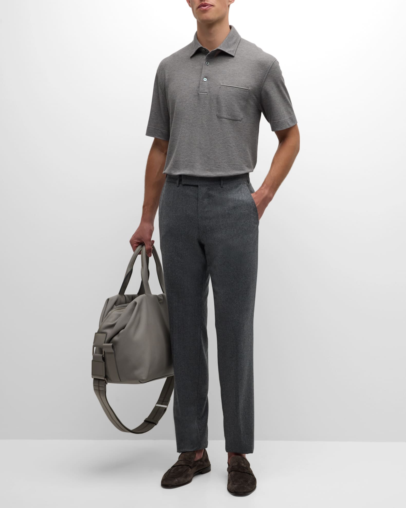 Men's Cotton Polo Shirt with Leather-Trim Pocket - Thumbnail 2