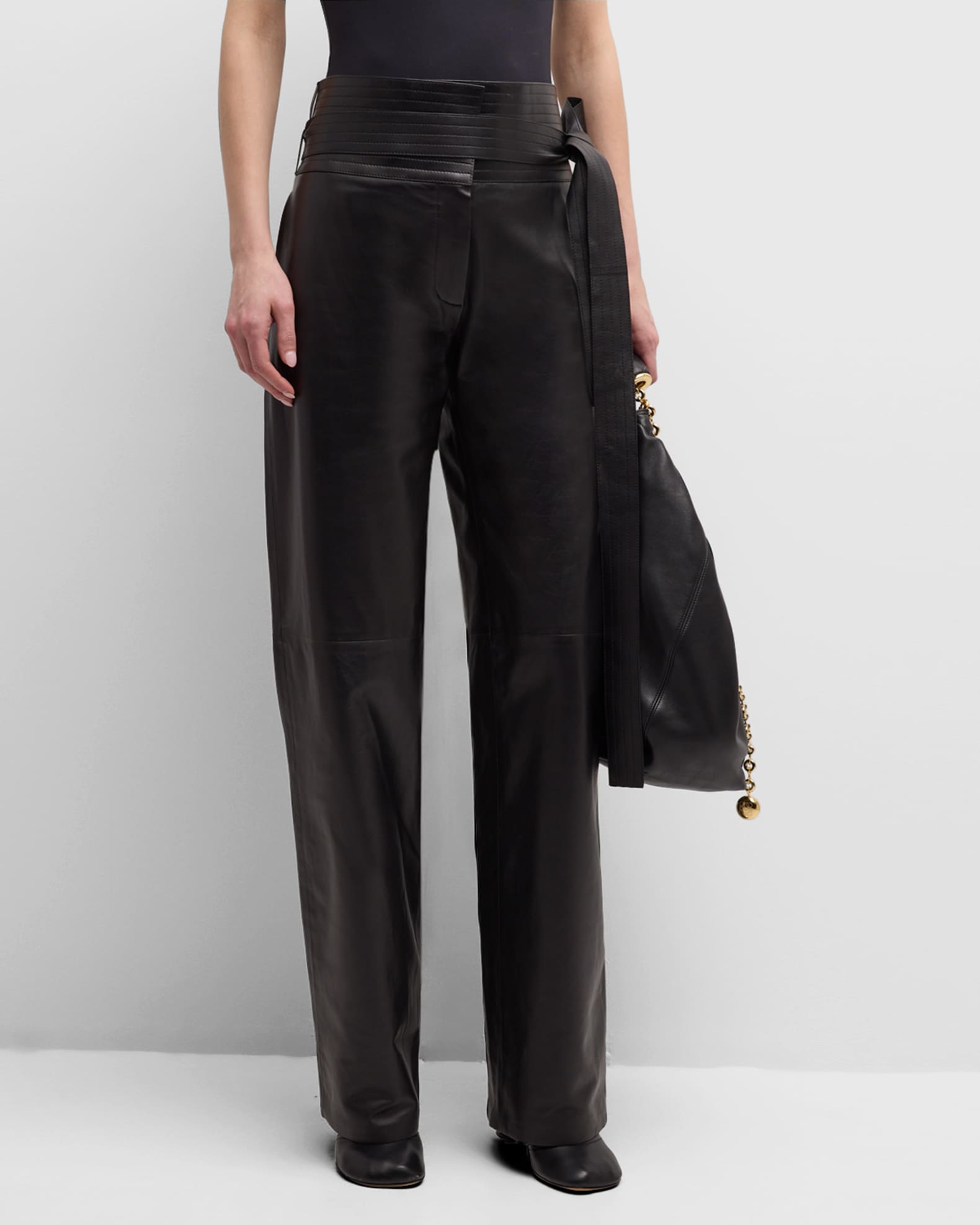 Belted Leather Straight-Leg Trousers