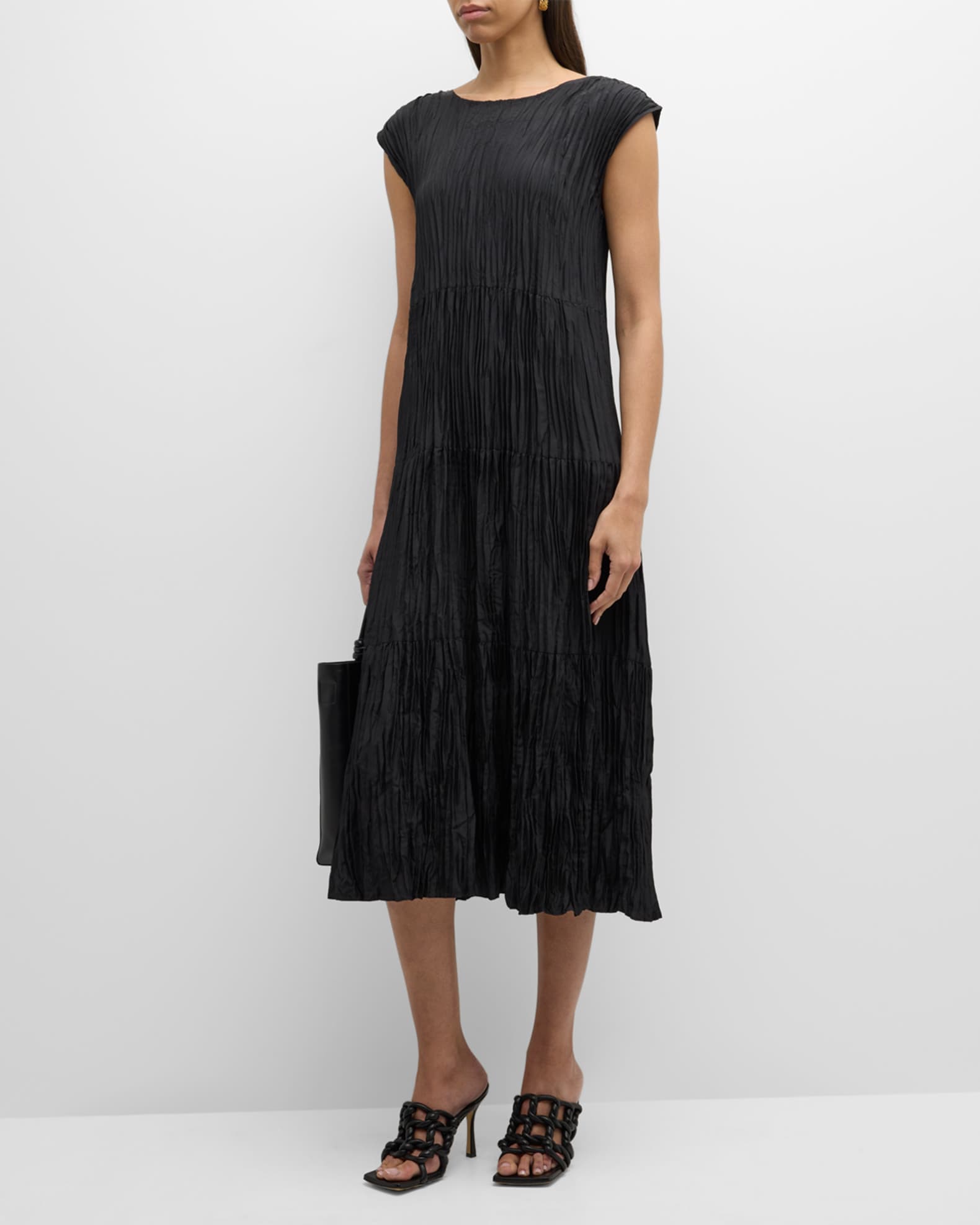 Tiered A Line Crinkled Silk Midi Dress