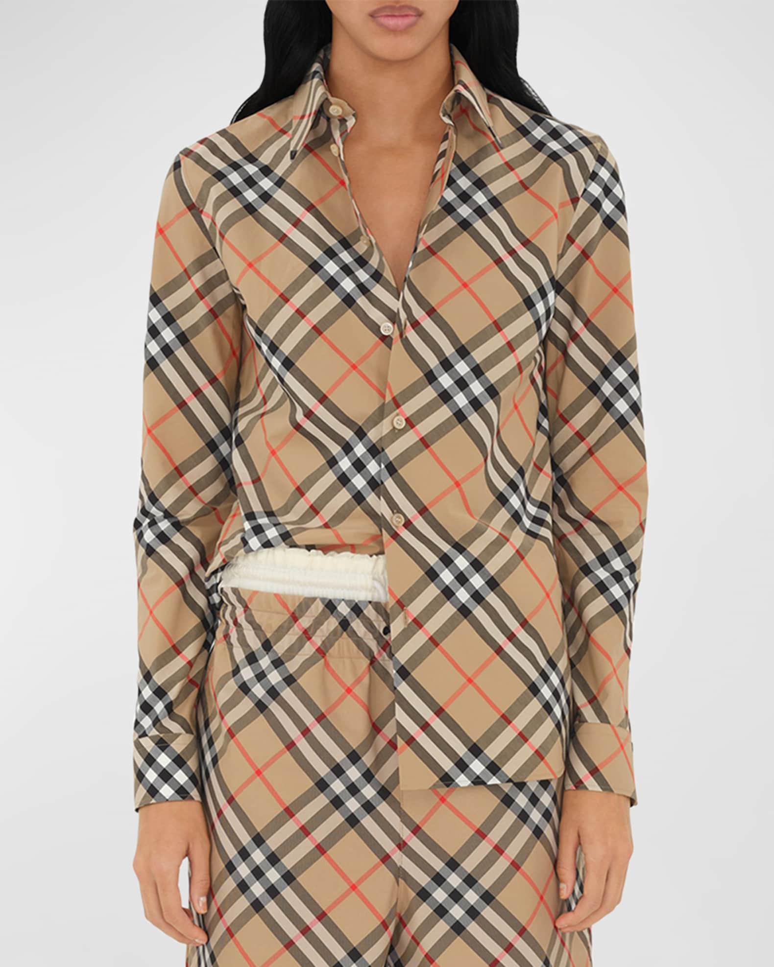 Burberry Check Long-Sleeve Cotton Button-Down Top | Neiman