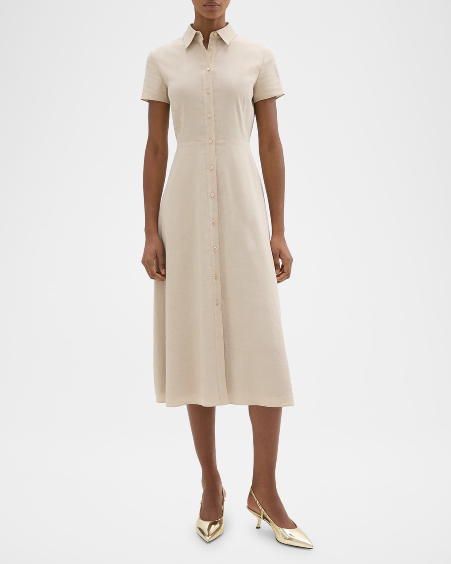 Good Linen Short-Sleeve Button-Front Midi Shirt Dress 1