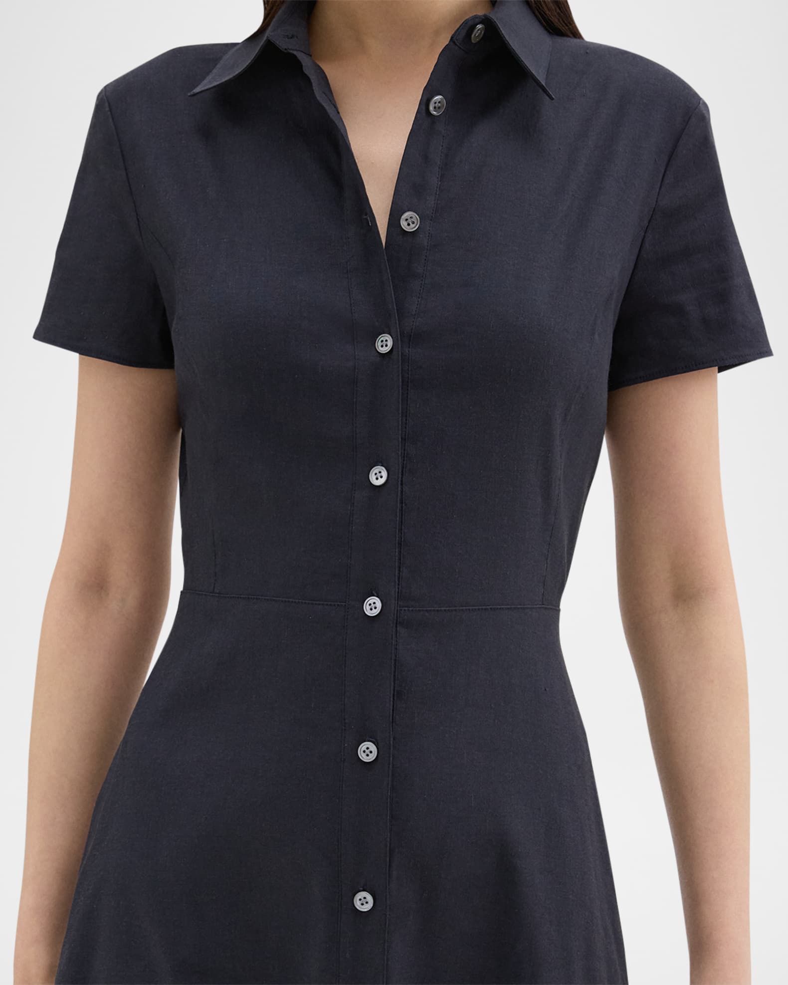 Theory Good Linen Short-Sleeve Button-Front Midi Shirt Dress | Neiman Marcus