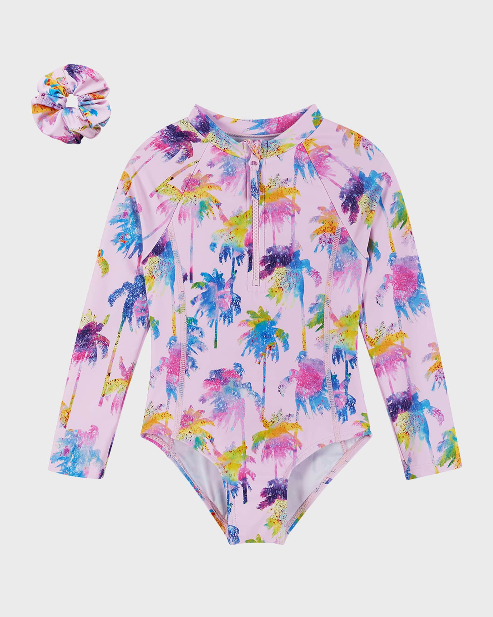 Andy & Evan Girl's Palm Tree-Print One-Piece Rashguard W/ Scrunchie, Size 2T-8