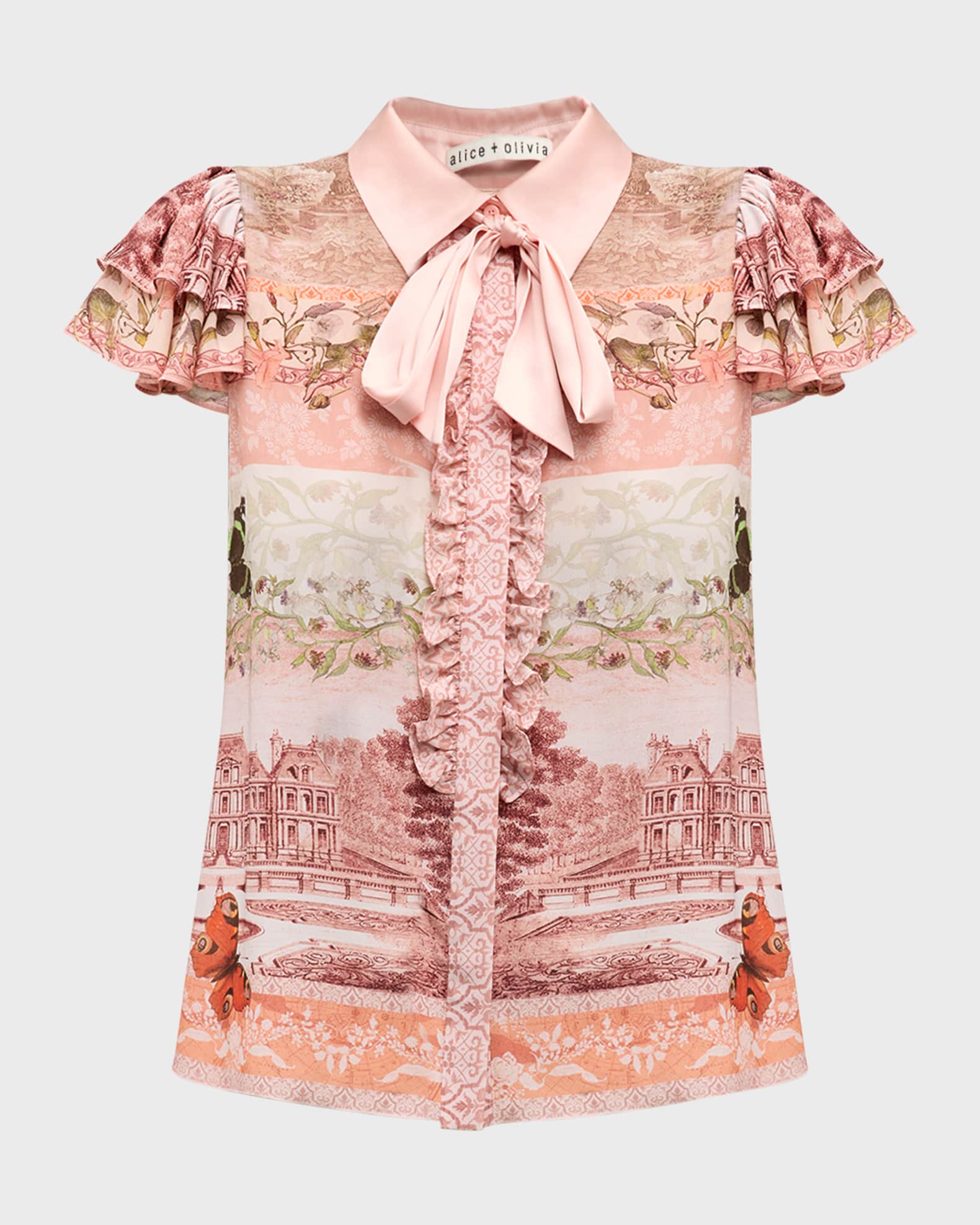 Alice + Olivia Versailles Minda Ruffle Short-Sleeve Tie Blouse