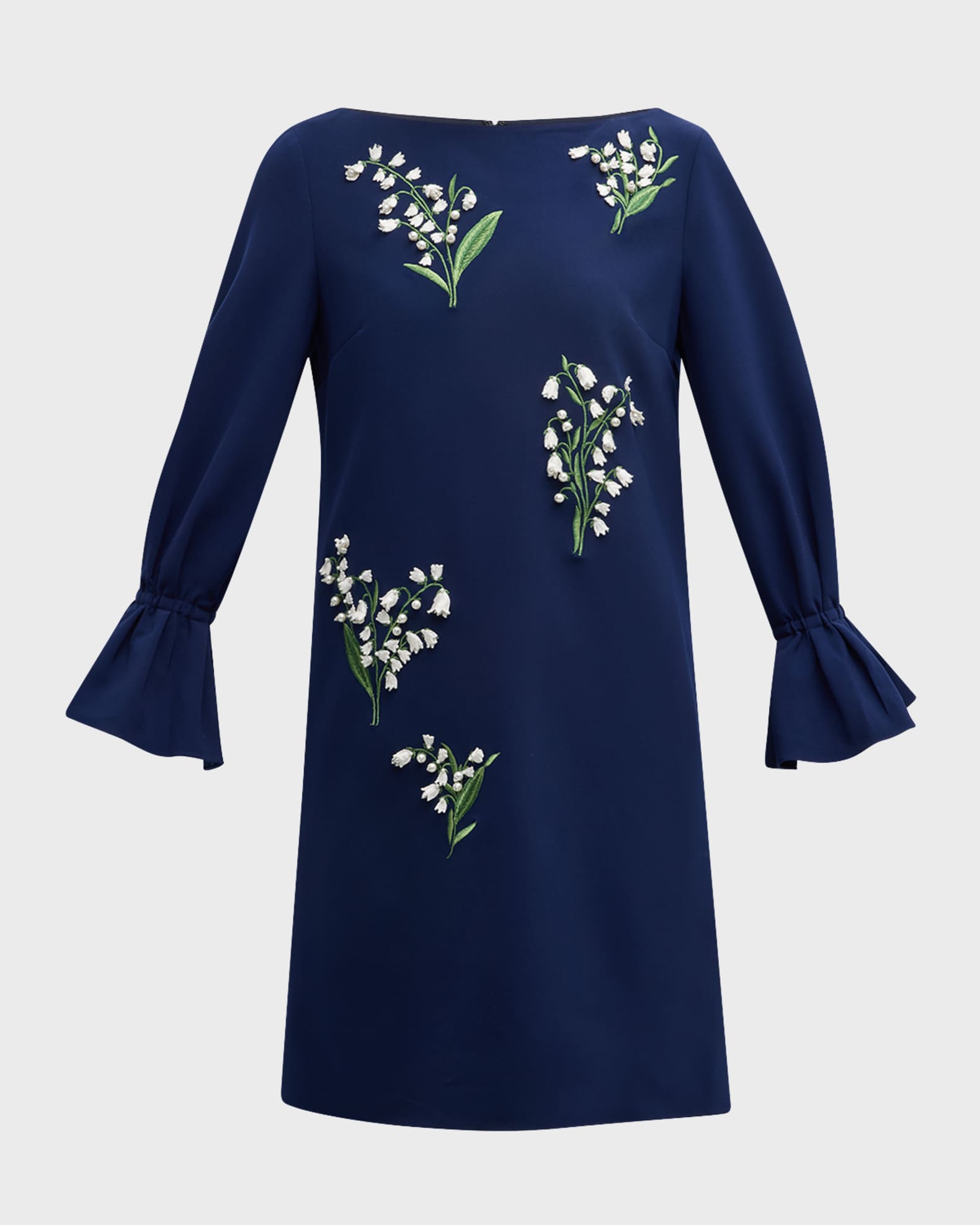 Carolina Herrera Embroidered Shift Dress with Flutter Sleeves