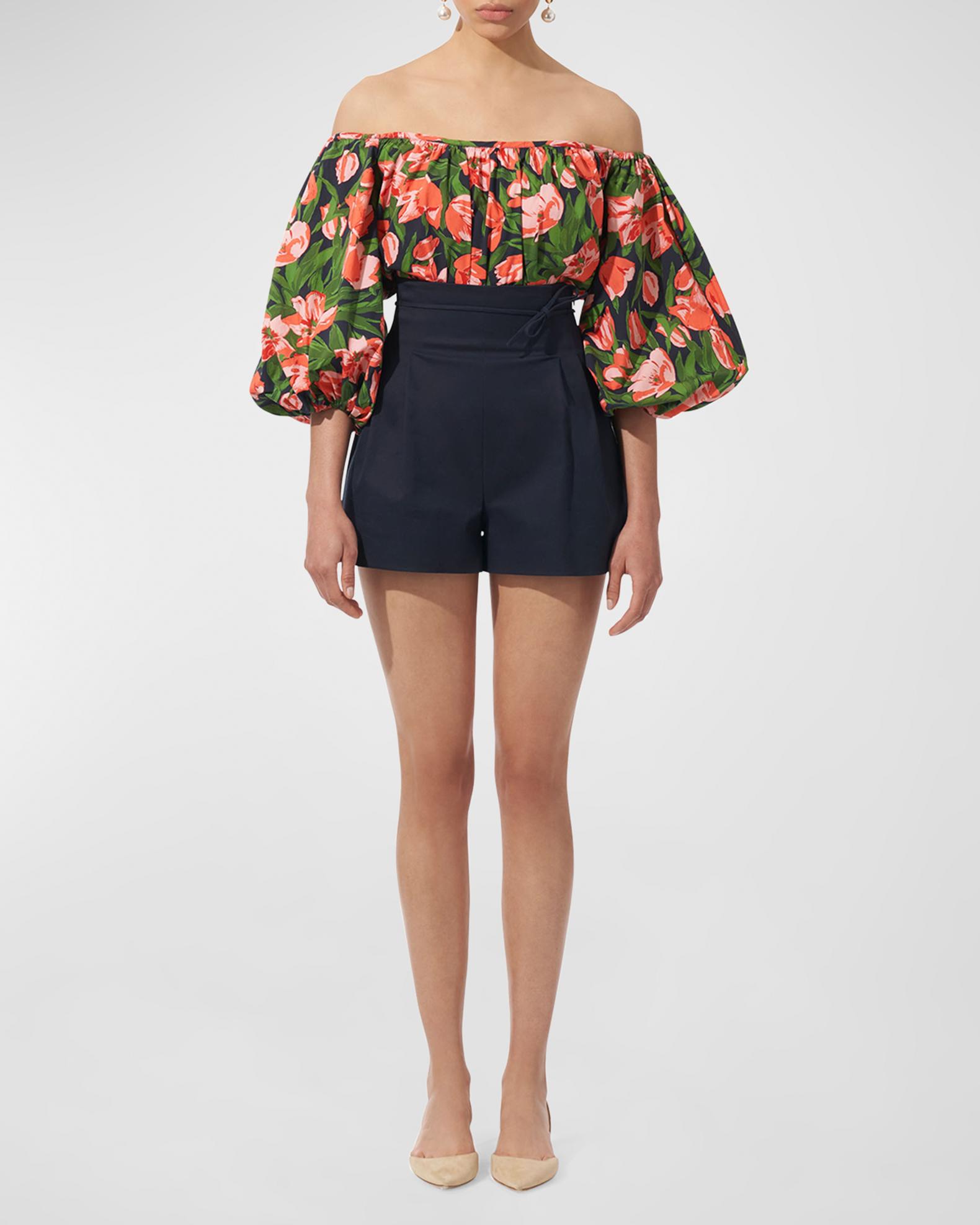 Carolina Herrera High-Rise Pleated Waist-Tie Shorts | Neiman Marcus