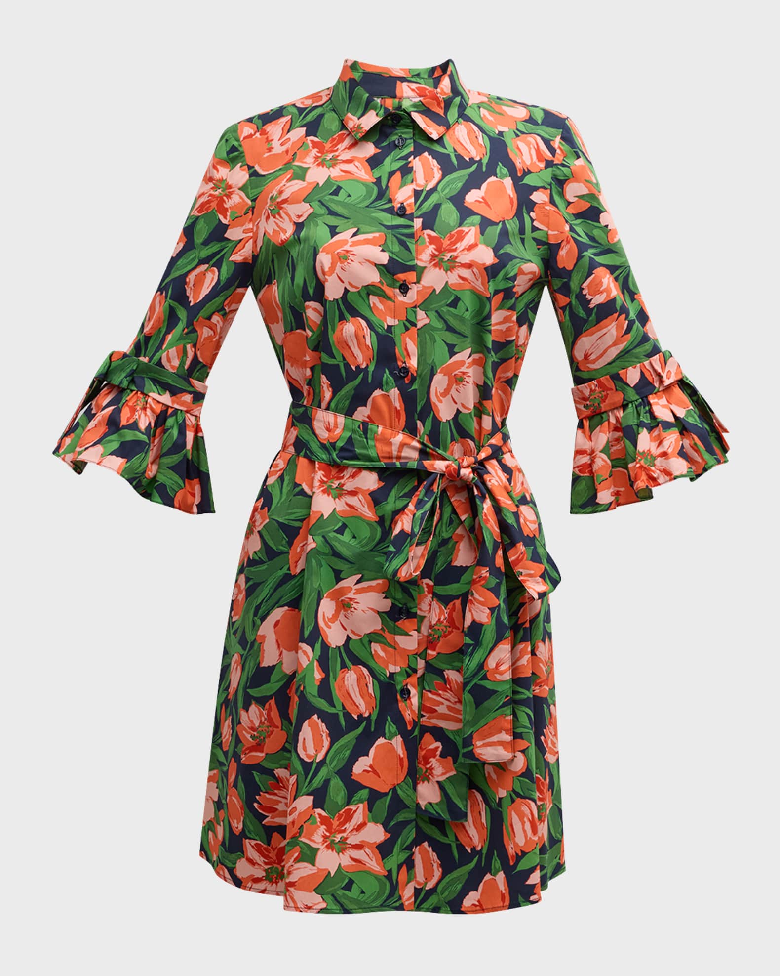 Carolina Herrera Belted Mini Shirtdress with Bow Flounce Sleeves