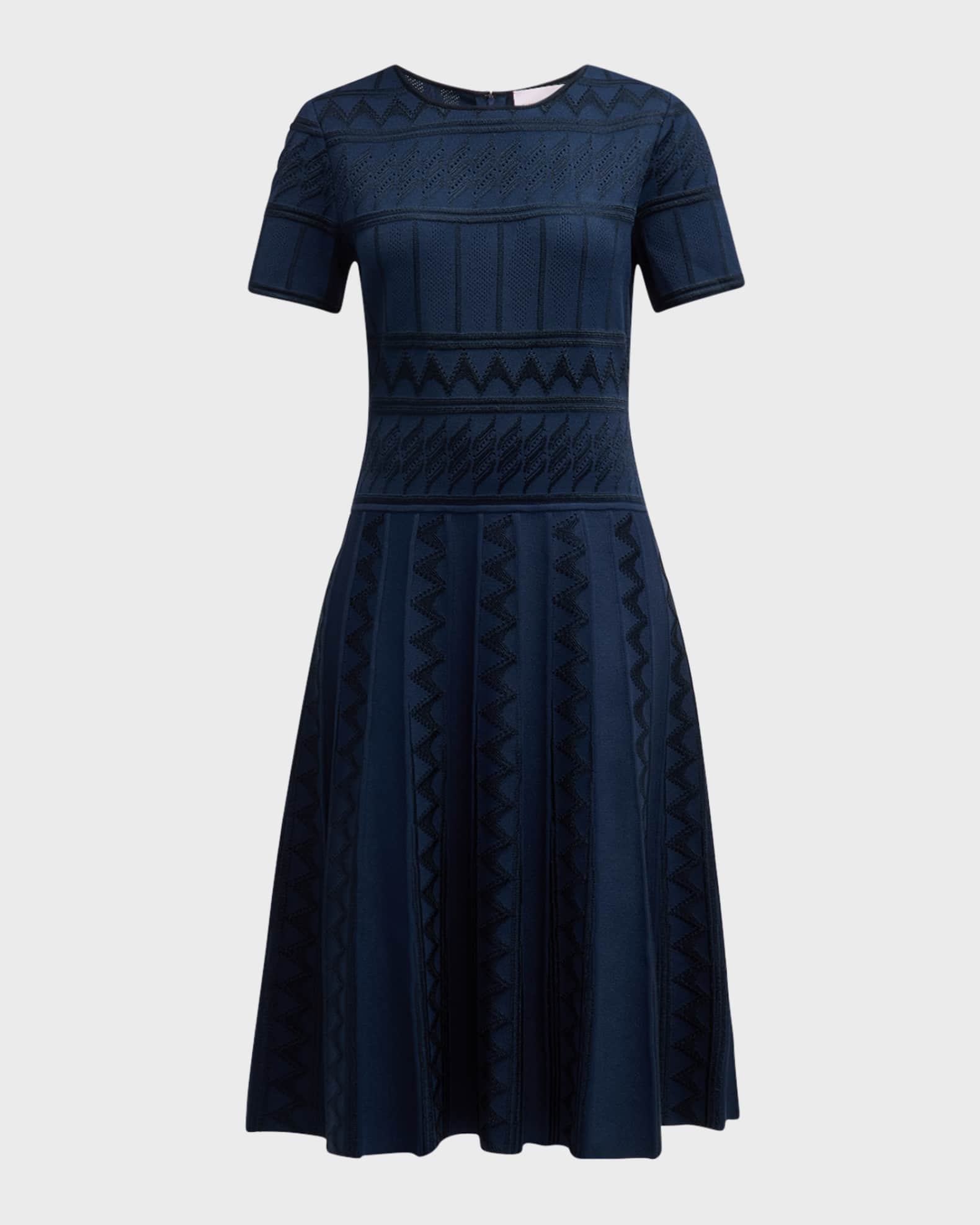 Carolina Herrera Short-Sleeve Pointelle Pleated Knit Dress