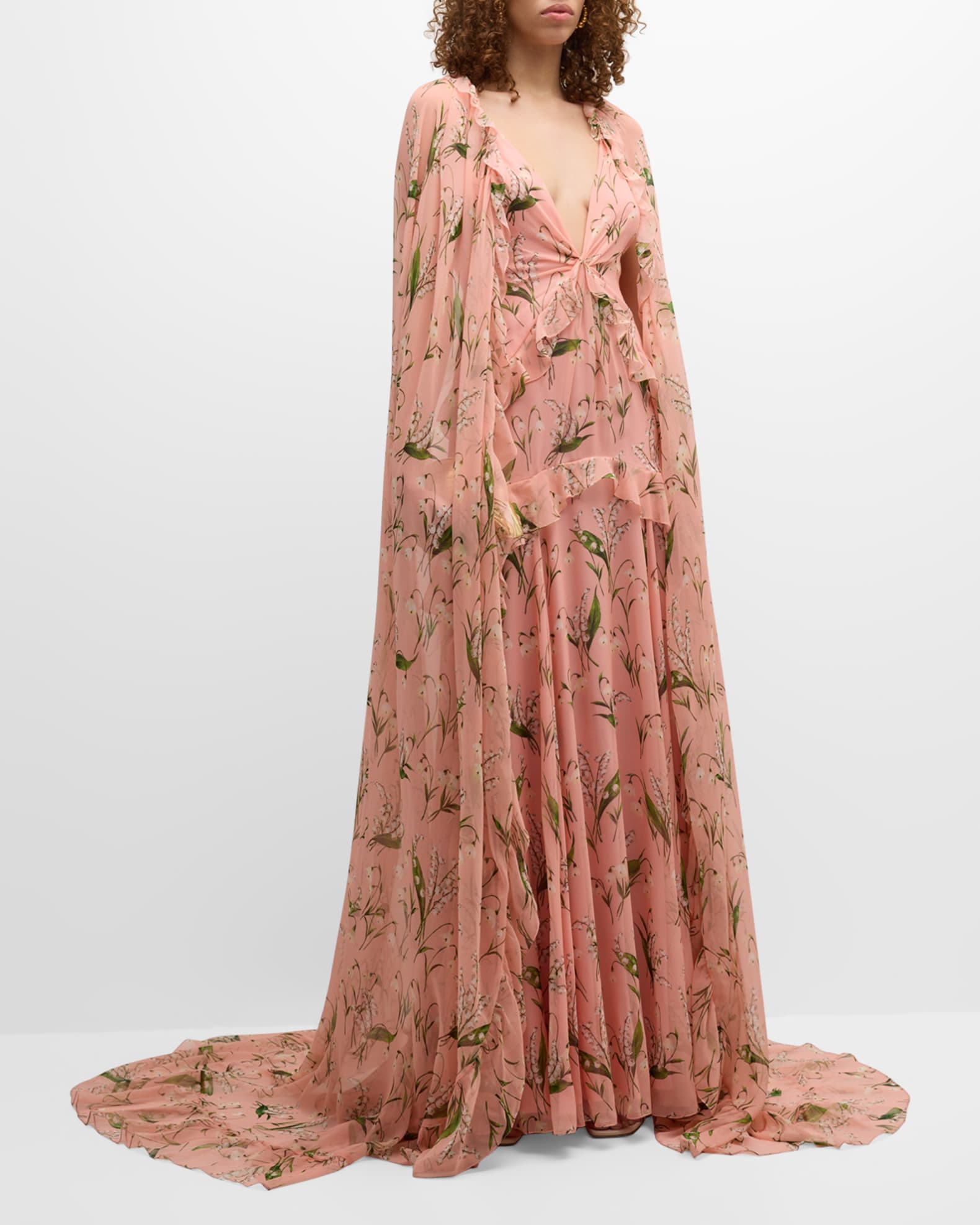 Plunging Floral Print Ruffle Cape Gown