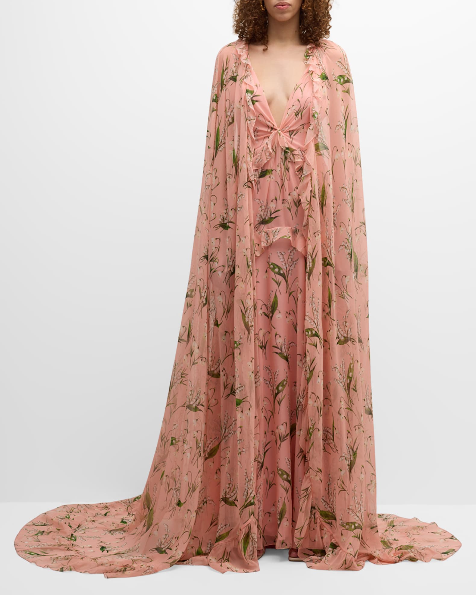 Carolina Herrera Plunging Floral-Print Ruffle Cape Gown