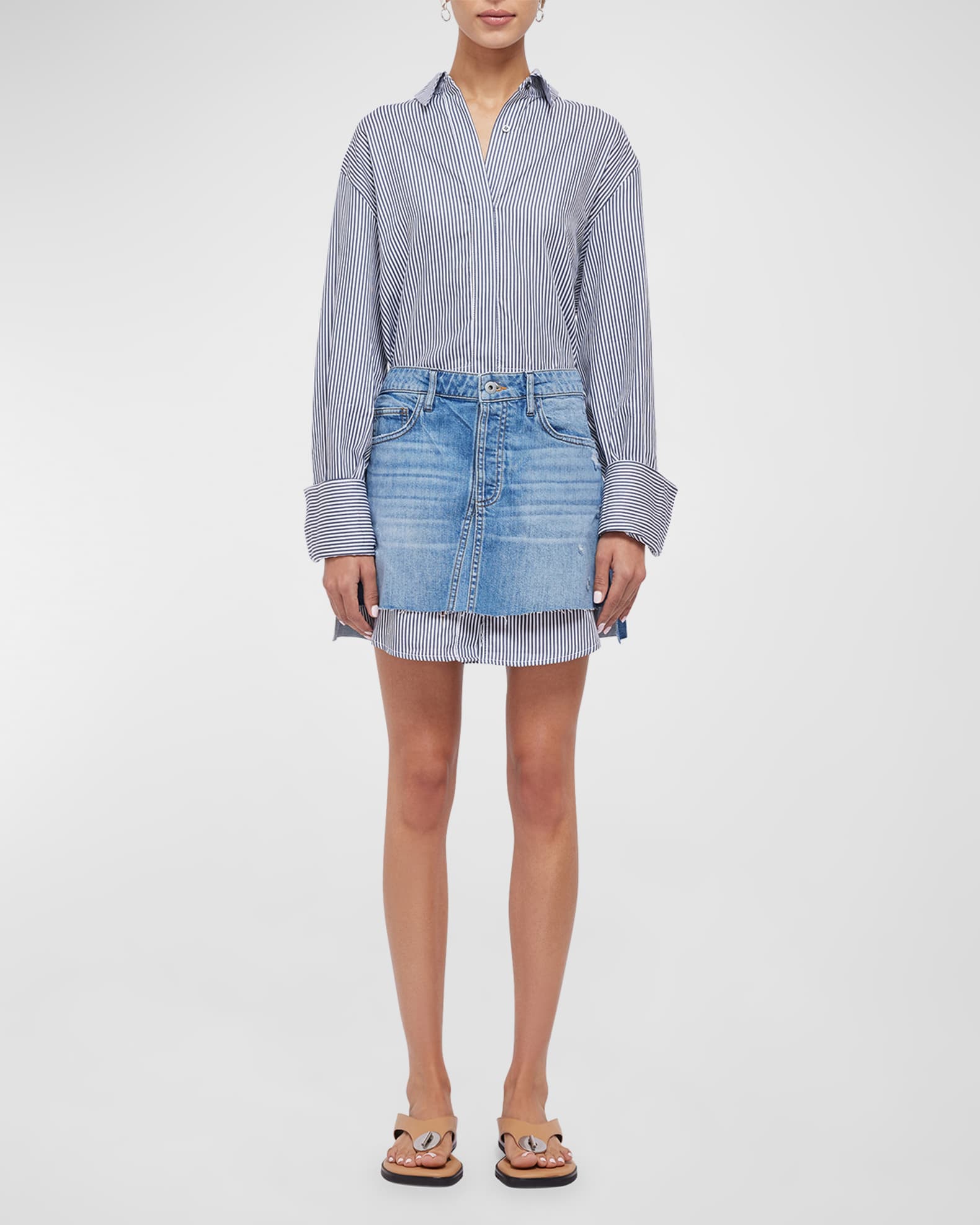 SIMKHAI Eastyn Long-Sleeve Denim Combo Mini Dress