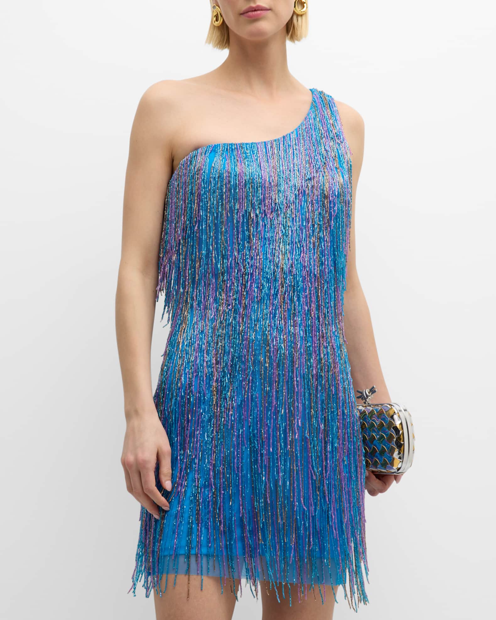 Liv Foster One-Shoulder Beaded Fringe Mini Dress | Neiman Marcus