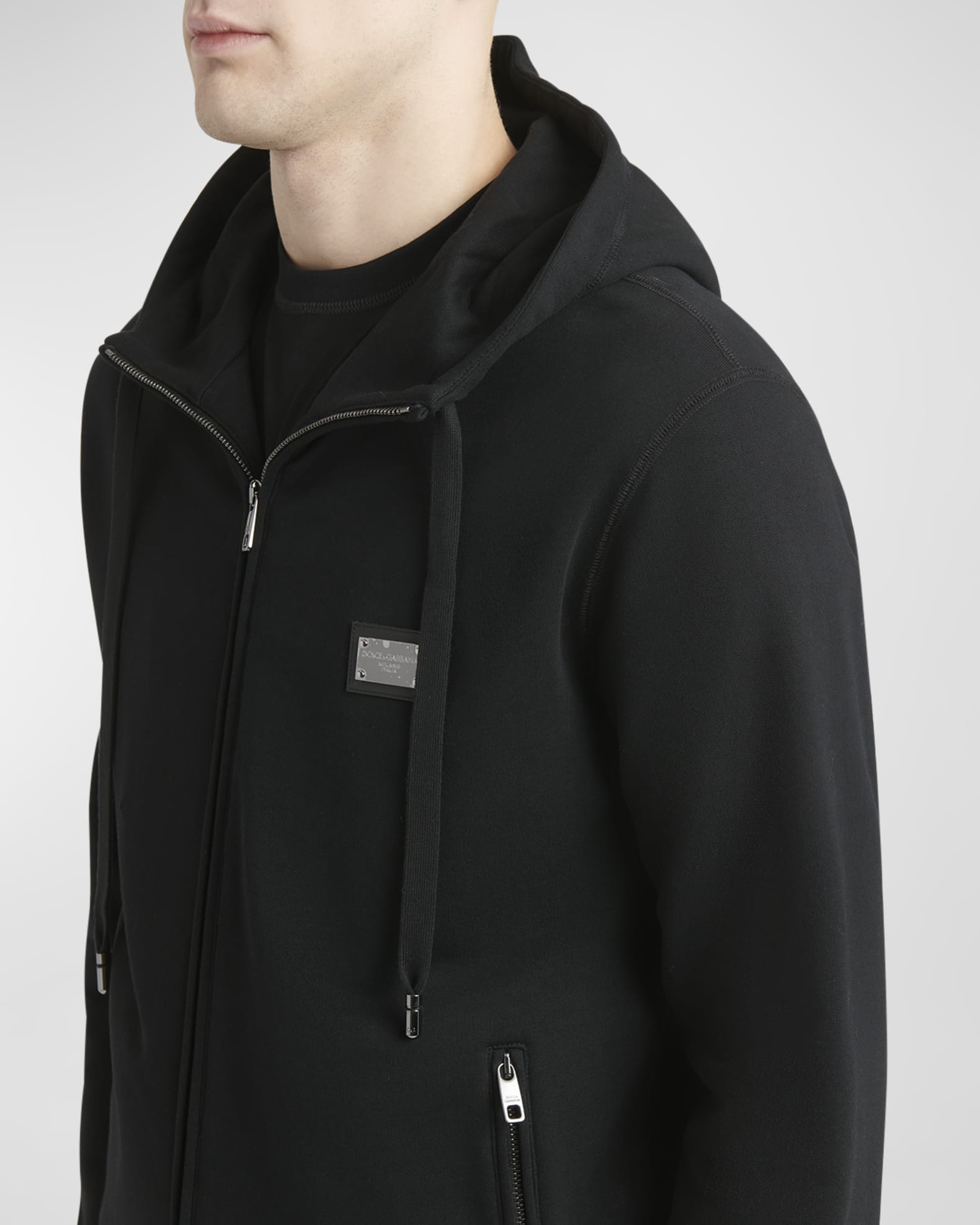 Dolce&Gabbana Men's Logo Plaque Zip Hoodie | Neiman Marcus