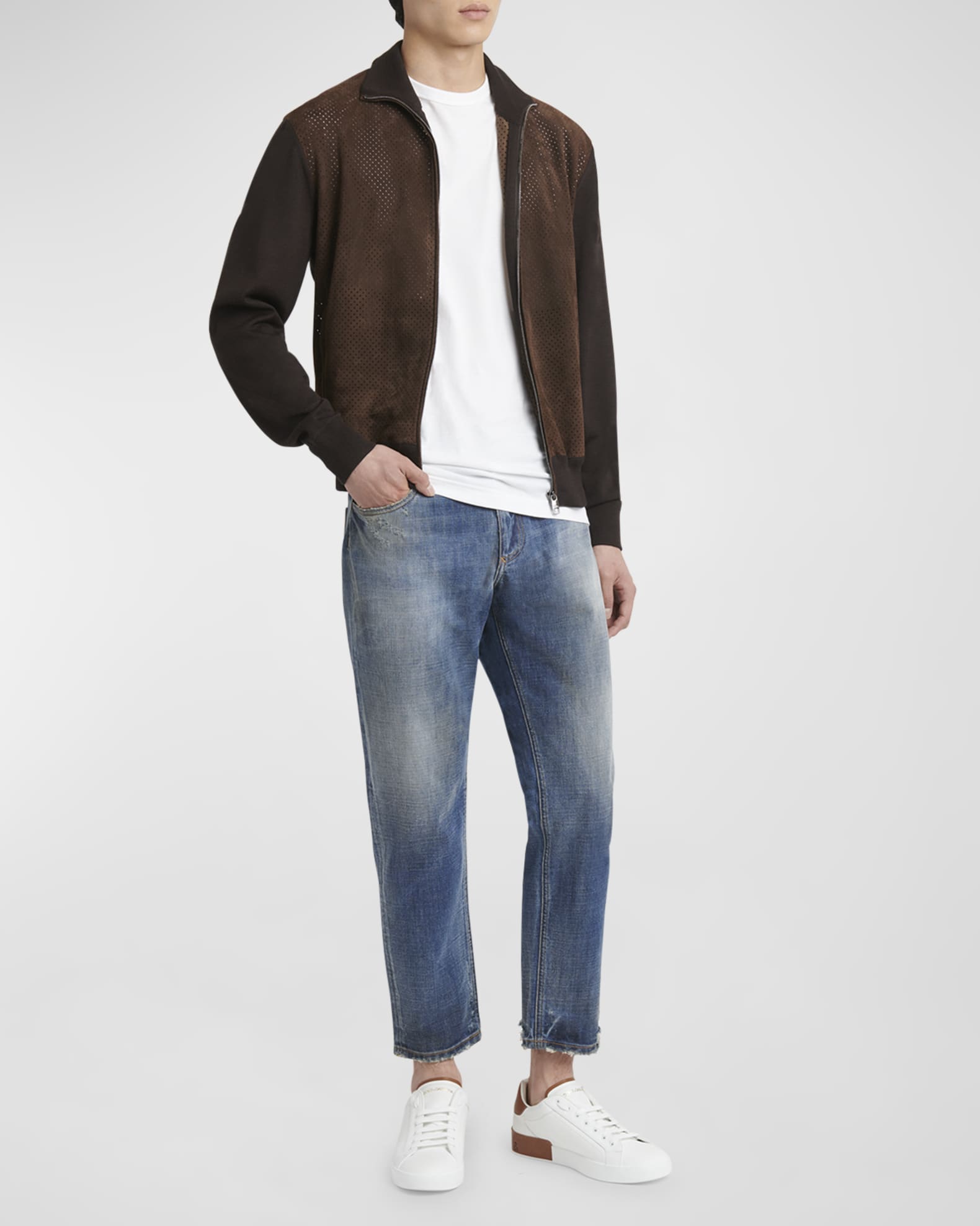 Dolce&Gabbana Men's Perforated Suede Bomber Jacket | Neiman Marcus