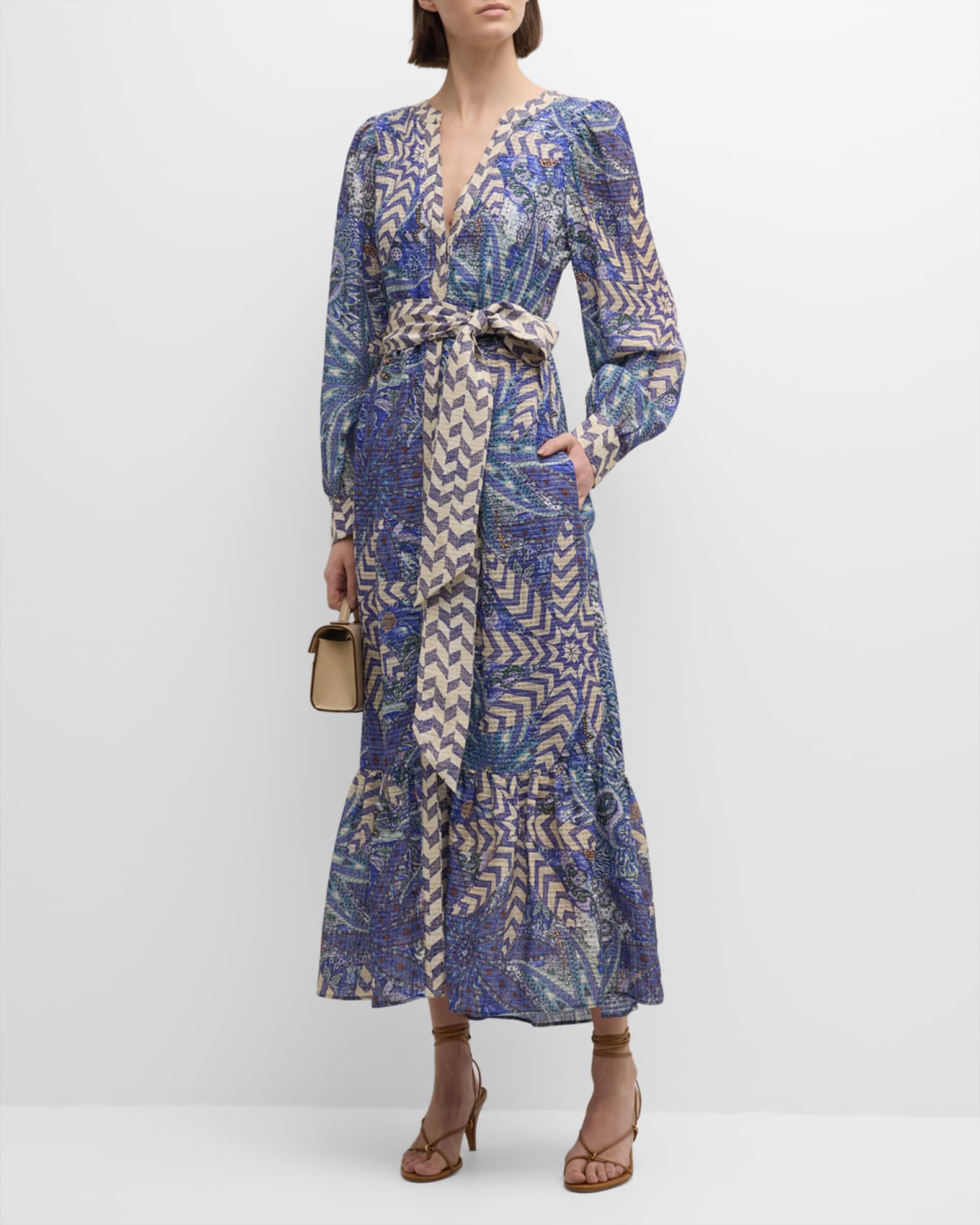 Marie Oliver Hannon Geometric-Print Seersucker Midi Dress | Neiman Marcus