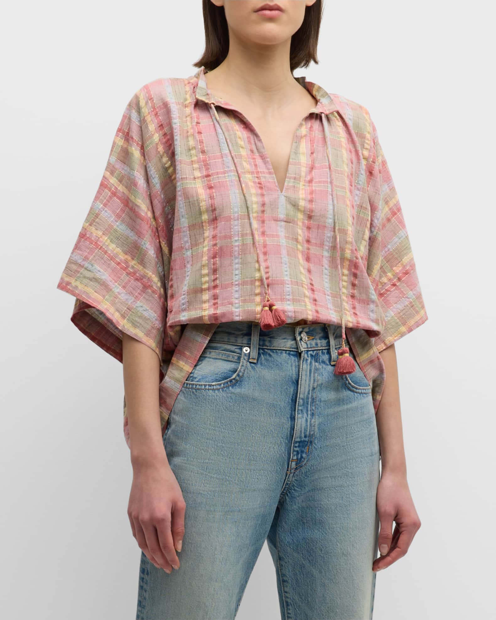 Vanessa Bruno Tyliam Metallic Plaid-Print Tie-Neck Blouse