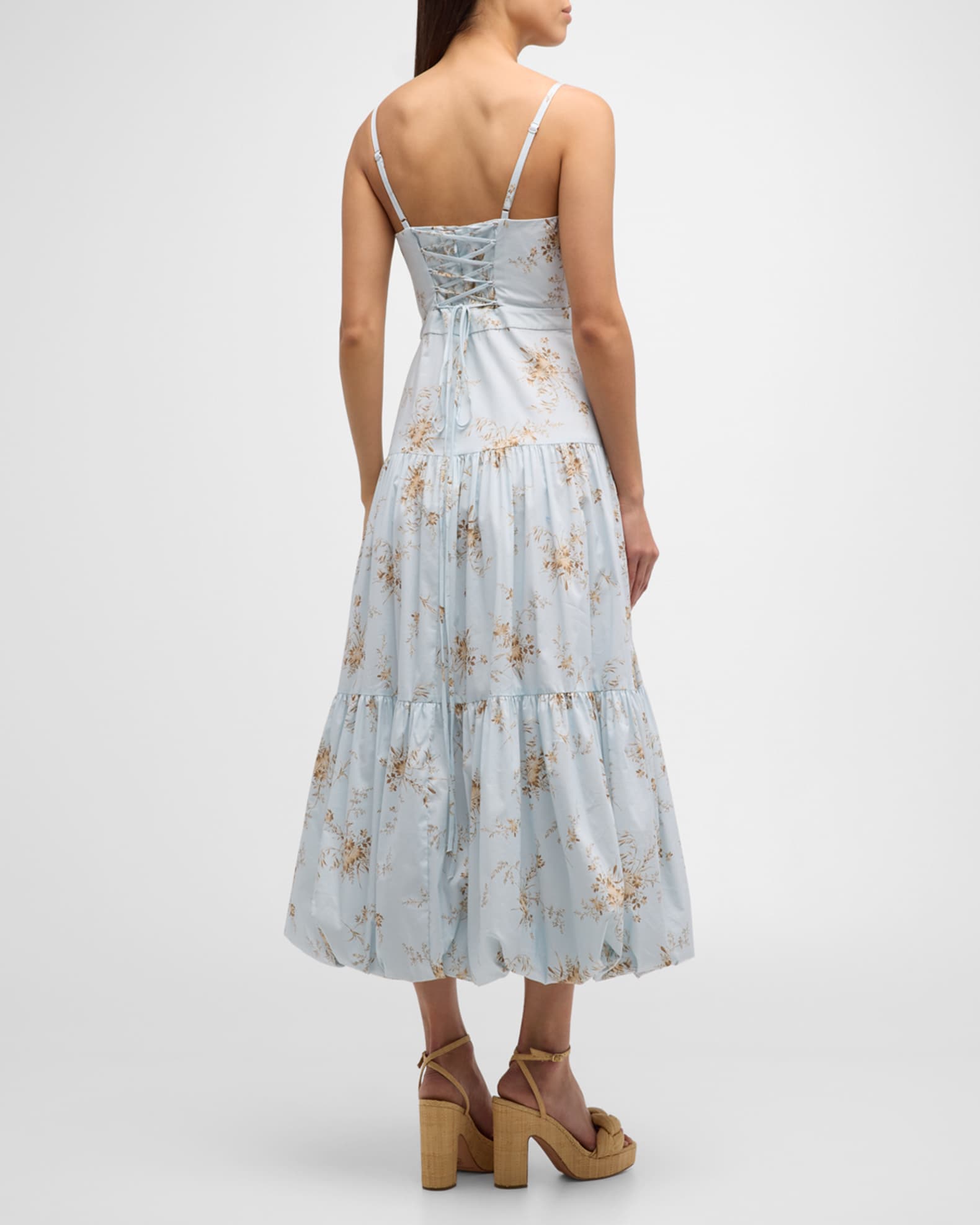 Cinq a Sept Amelie Lace-Up Floral Midi Dress | Neiman Marcus