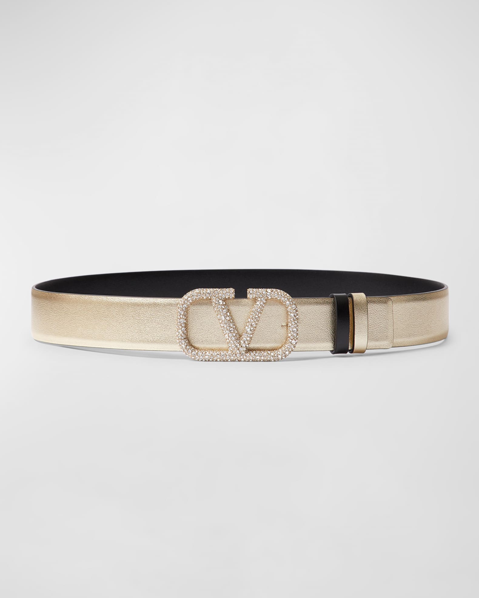 V Logo Signature Reversible Crystal Leather Belt