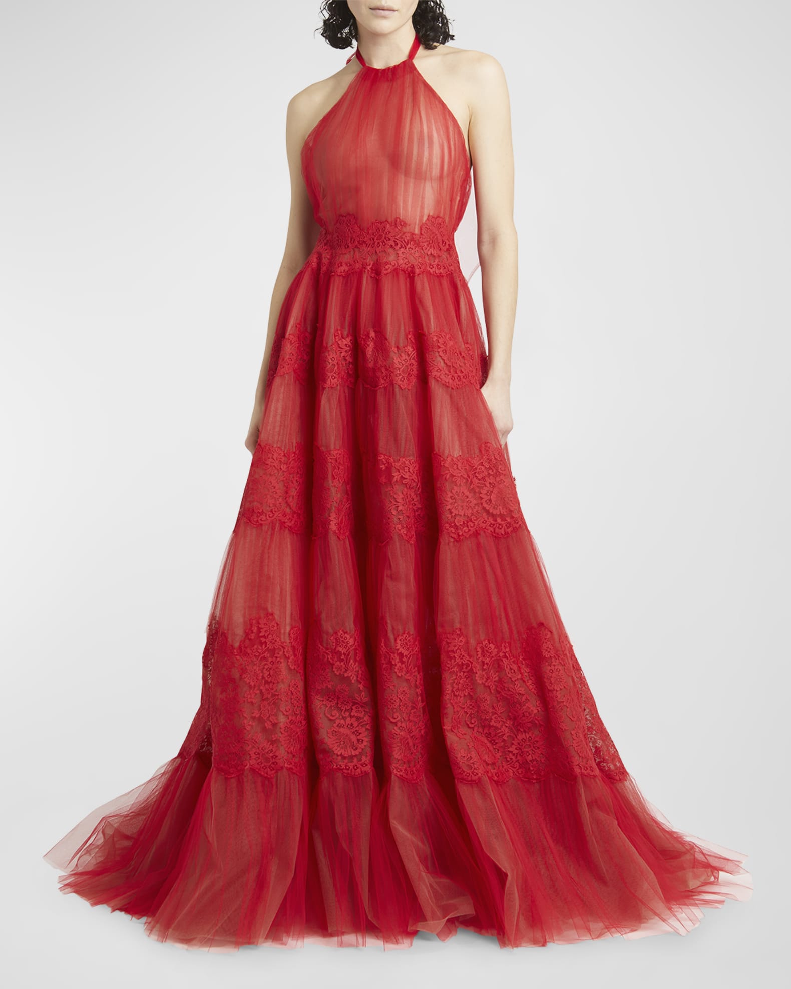 Valentino Garavani Sheer Tulle Lace Panel Halter Backless Valentino Garavani Sheer Tulle Lace Panel Halter Backless