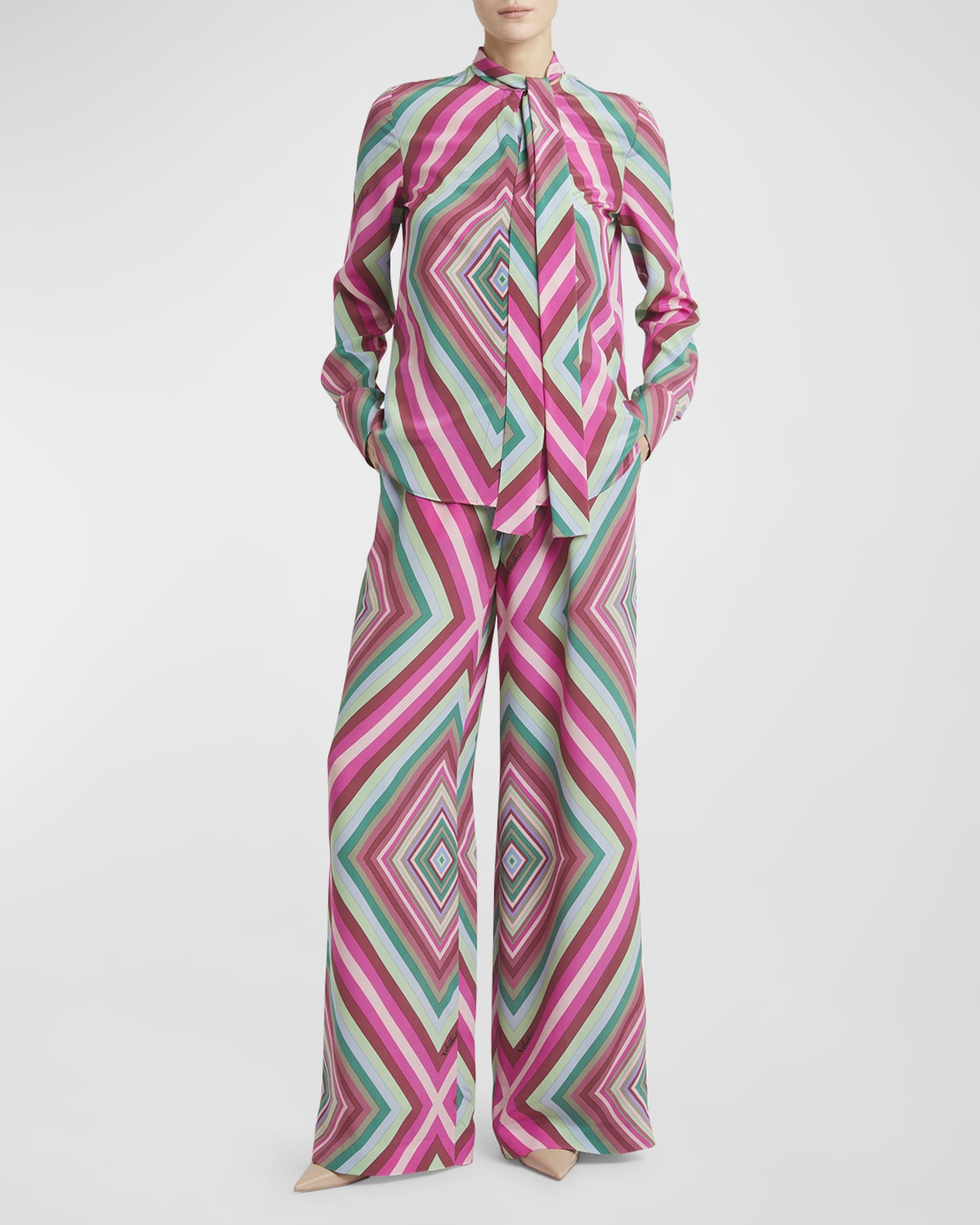 Rhombus-Print Neck-Scarf Crepe De Chine Shirt 1