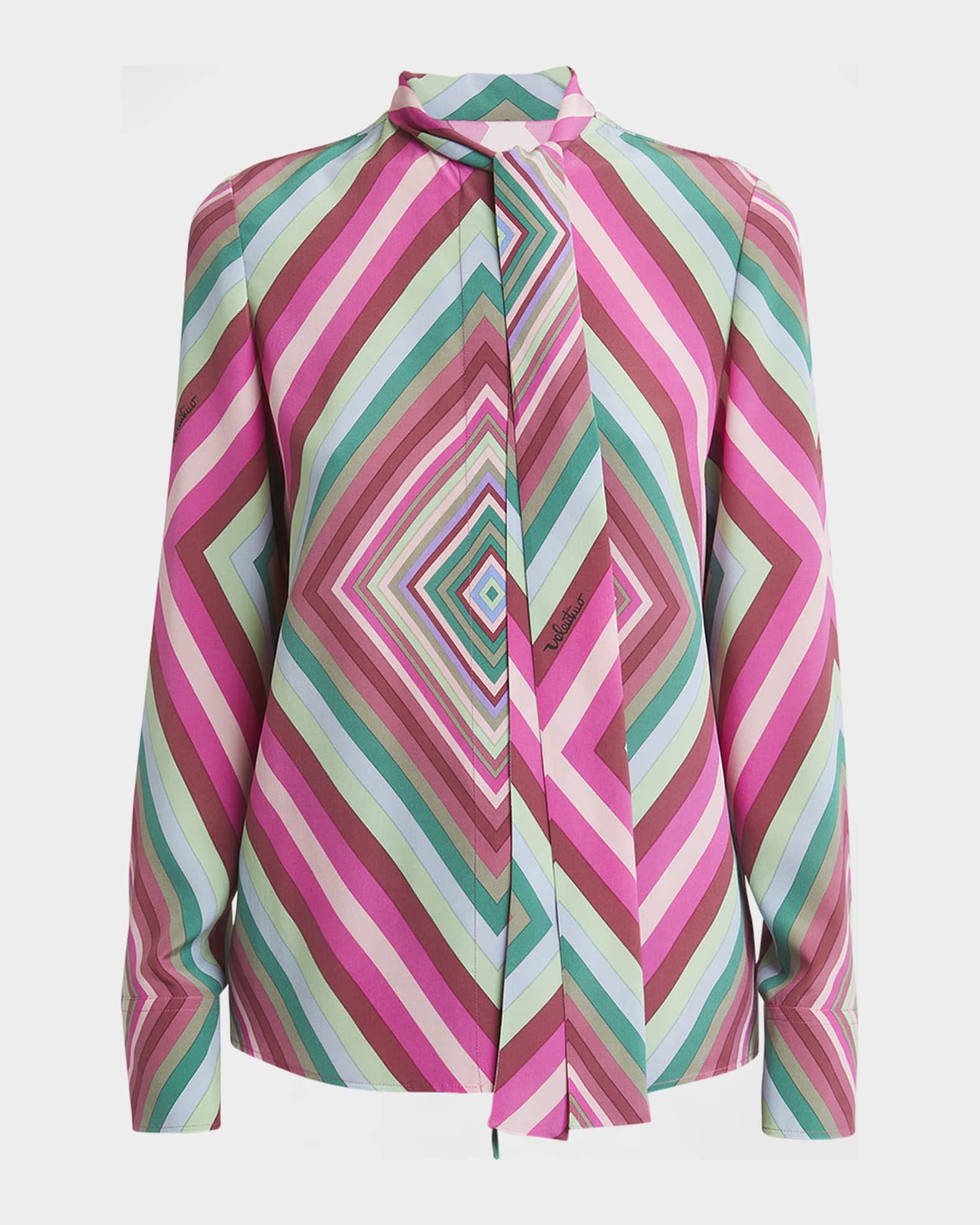 Rhombus-Print Neck-Scarf Crepe De Chine Shirt 0