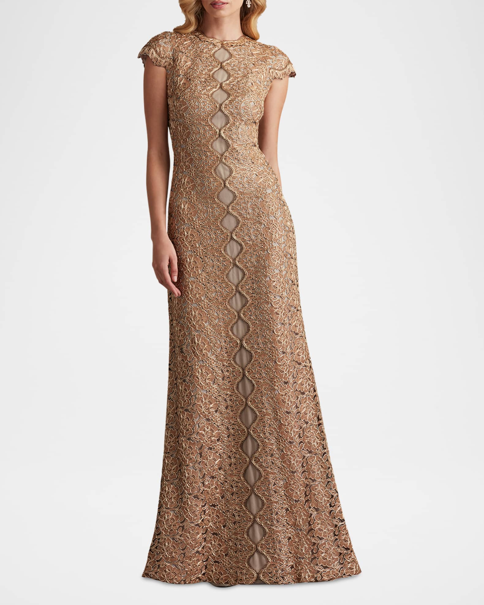 Cap-Sleeve A-Line Floral Lace Gown 1