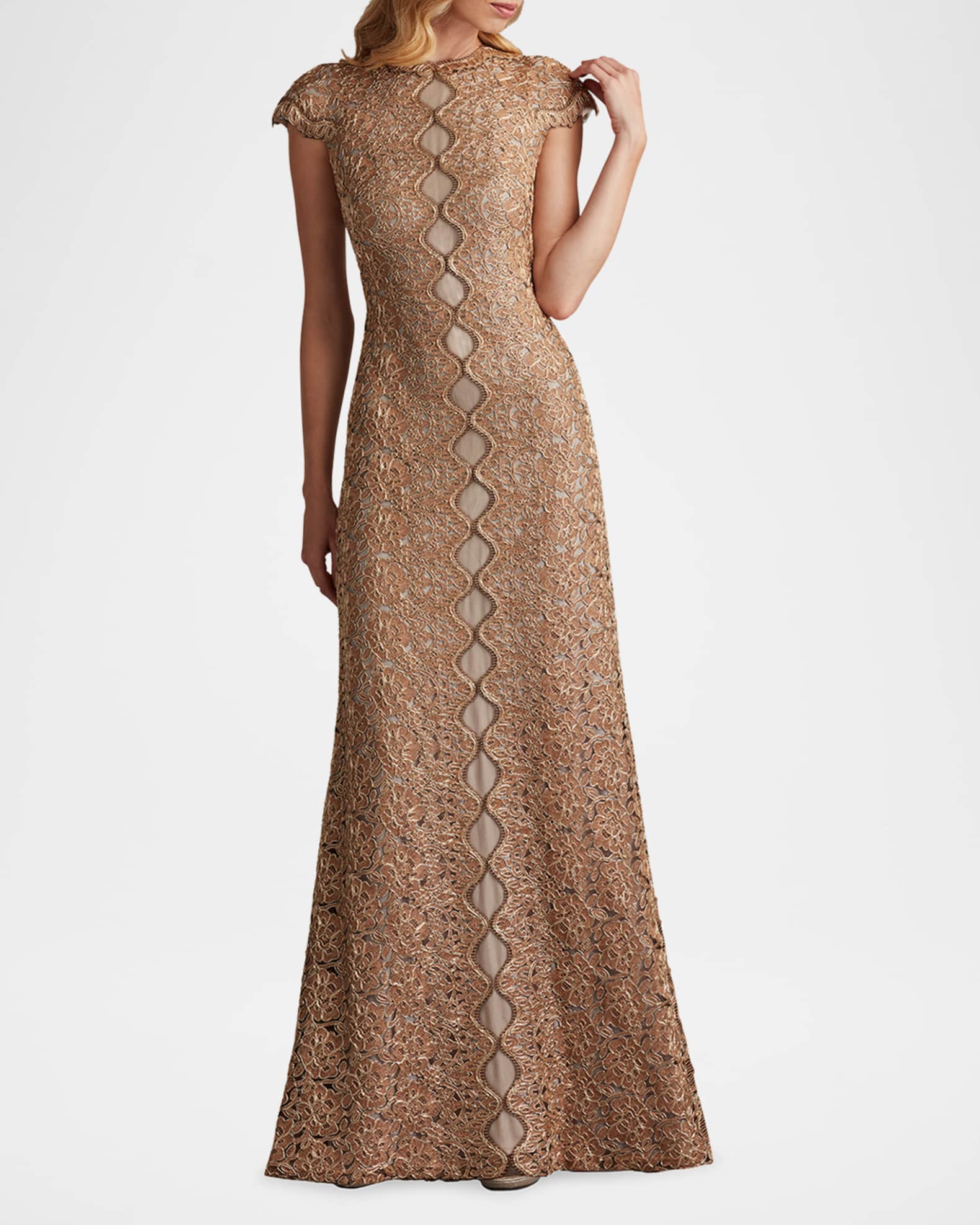 Tadashi Shoji Cap-Sleeve A-Line Floral Lace Gown | Neiman Marcus