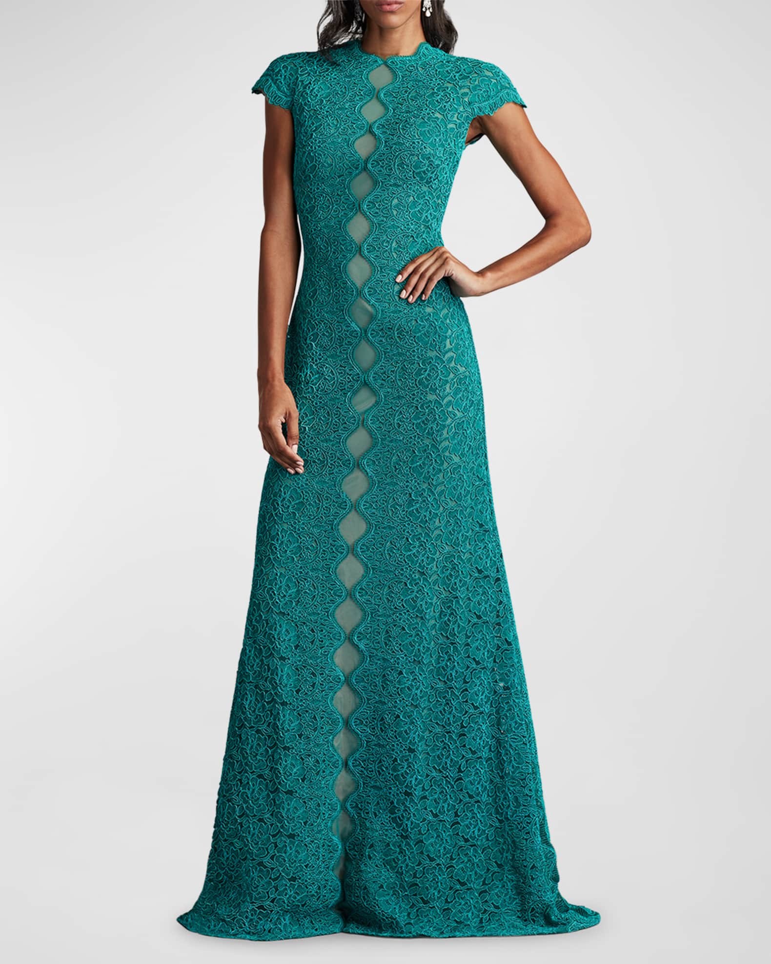 Cap-Sleeve A-Line Floral Lace Gown 1