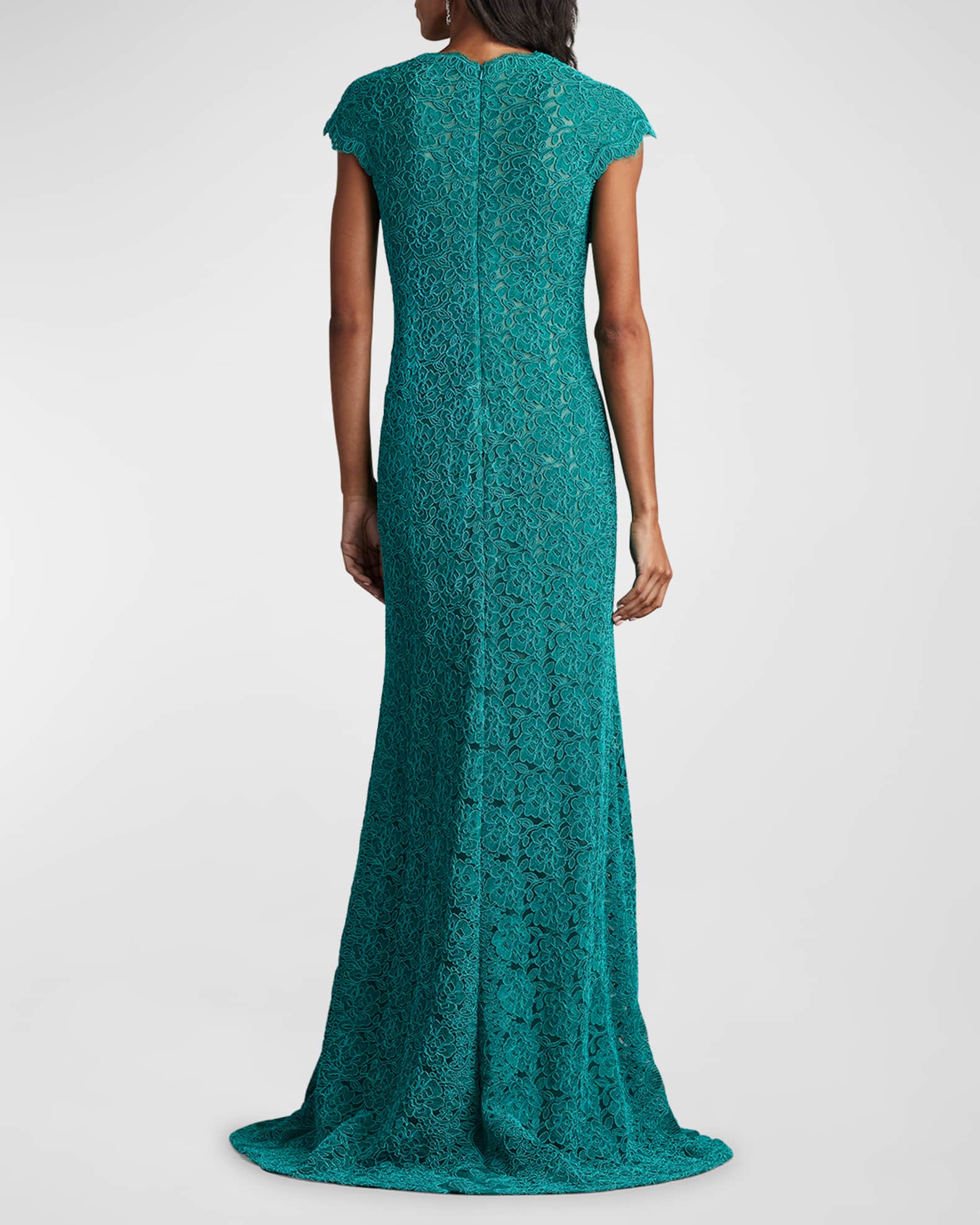 Tadashi Shoji Cap-Sleeve A-Line Floral Lace Gown | Neiman Marcus