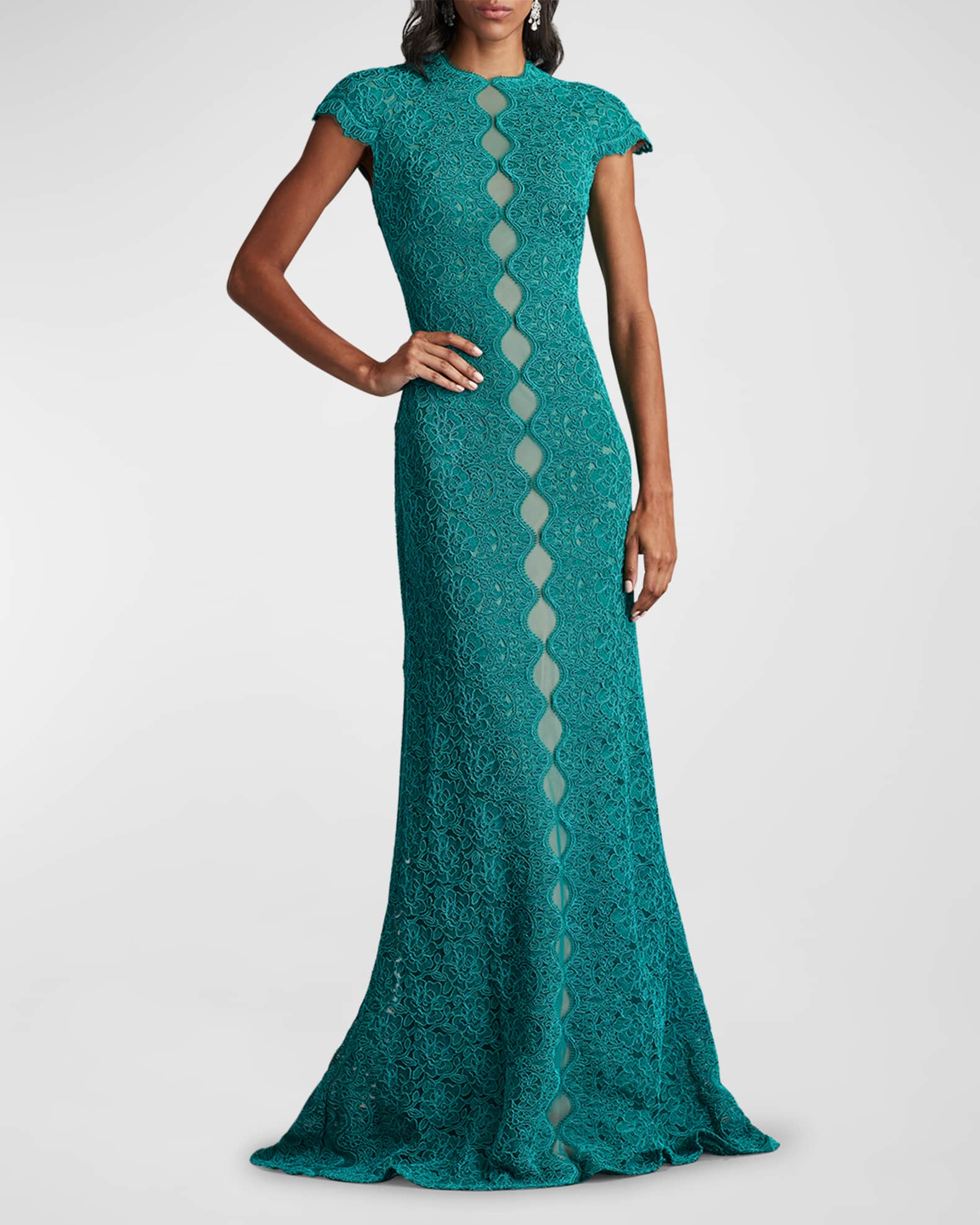 Tadashi Shoji Cap-Sleeve A-Line Floral Lace Gown | Neiman Marcus
