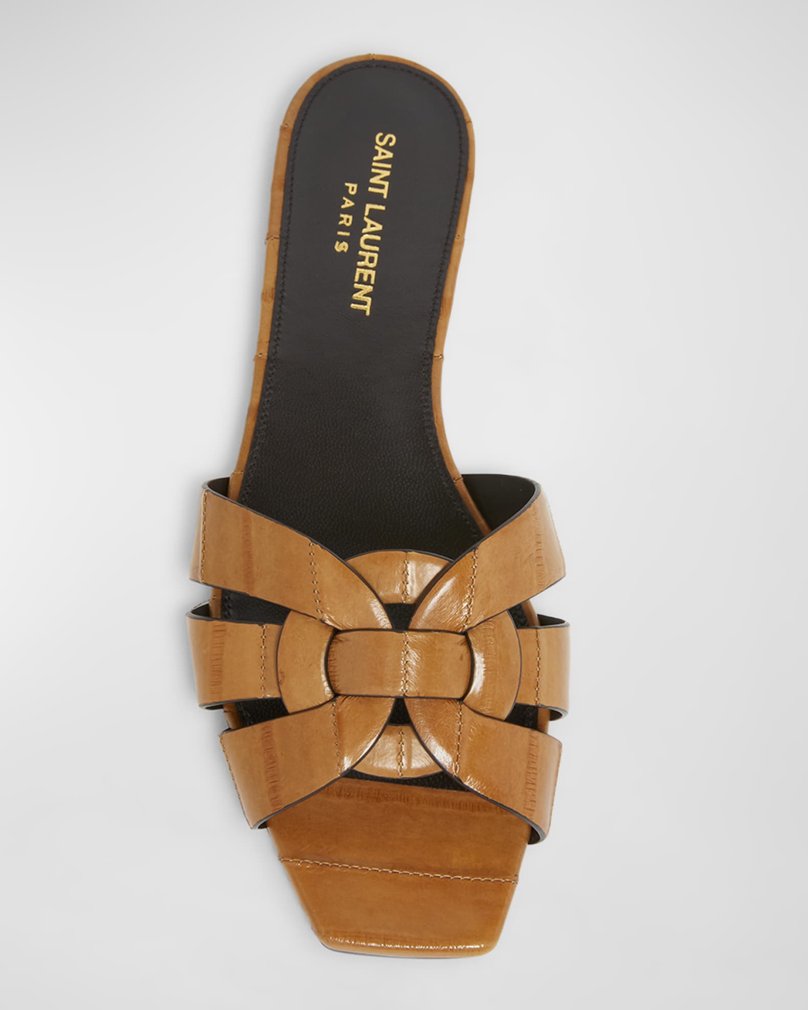 【関税&送料込】Saint Laurent Tribute Slide Sandals In Paten Saint Laurent Tribute Woven Flat Slide Sandals | Neiman Marcus