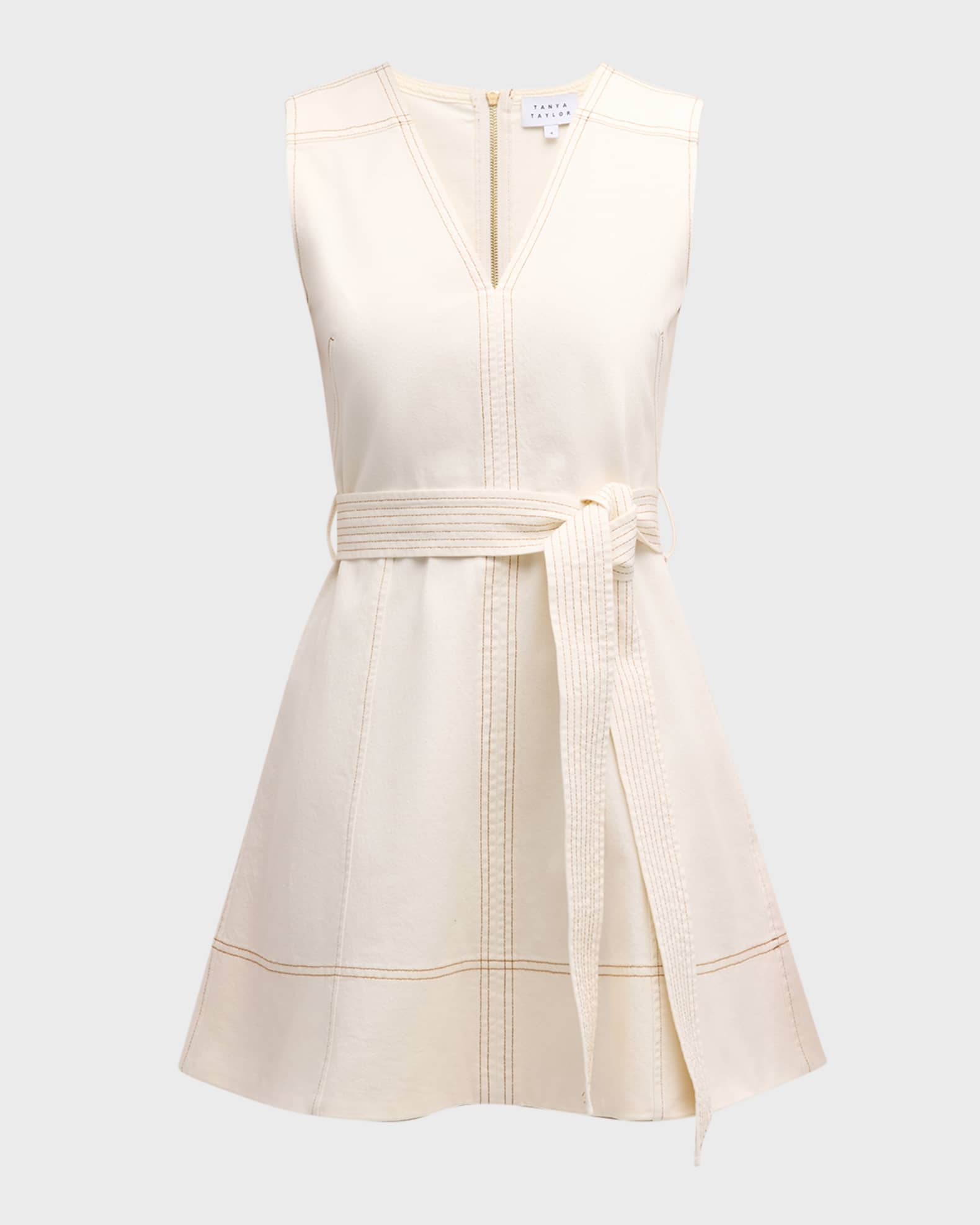 Reina Sleeveless Belted V-Neck Denim Mini Dress 0