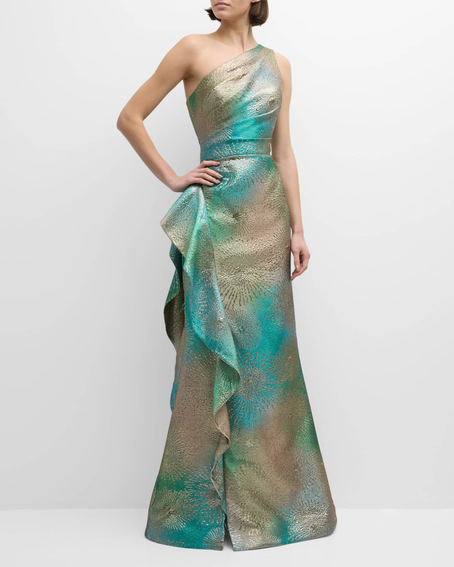 One-Shoulder Ruffle Metallic Jacquard Gown 1