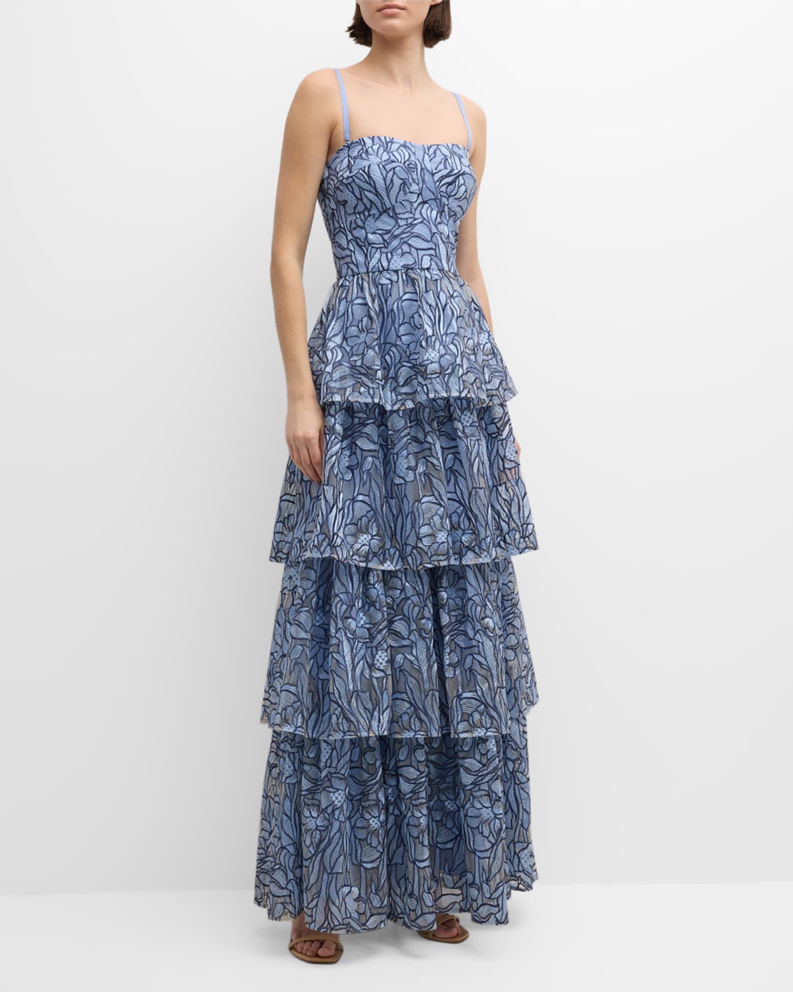 Dress the Population Black Label Aubriella Ruffle Tiered Floral Embroidered Gown Neiman Marcus
