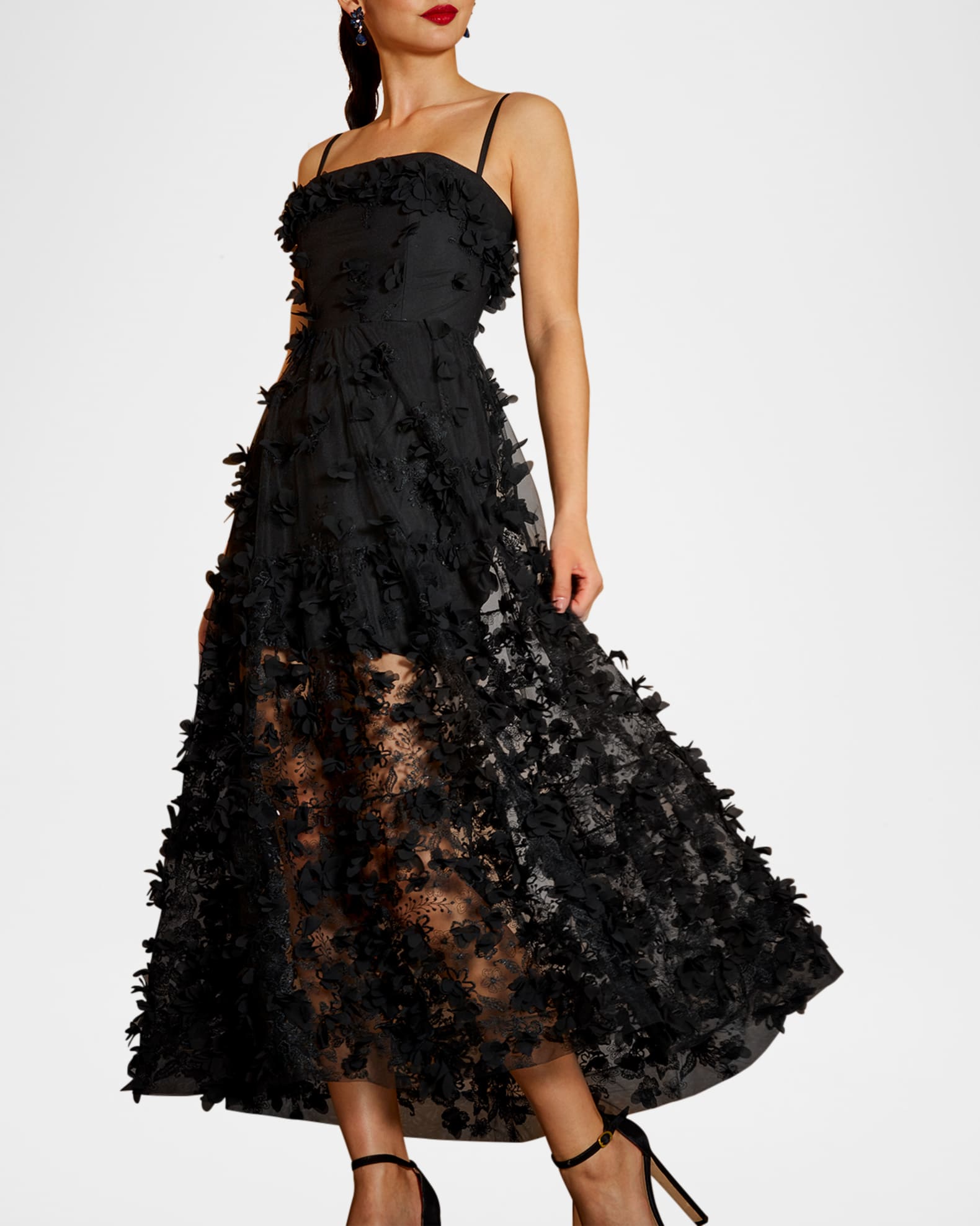 Azure Cape Style With Floral Applique Midi Dress