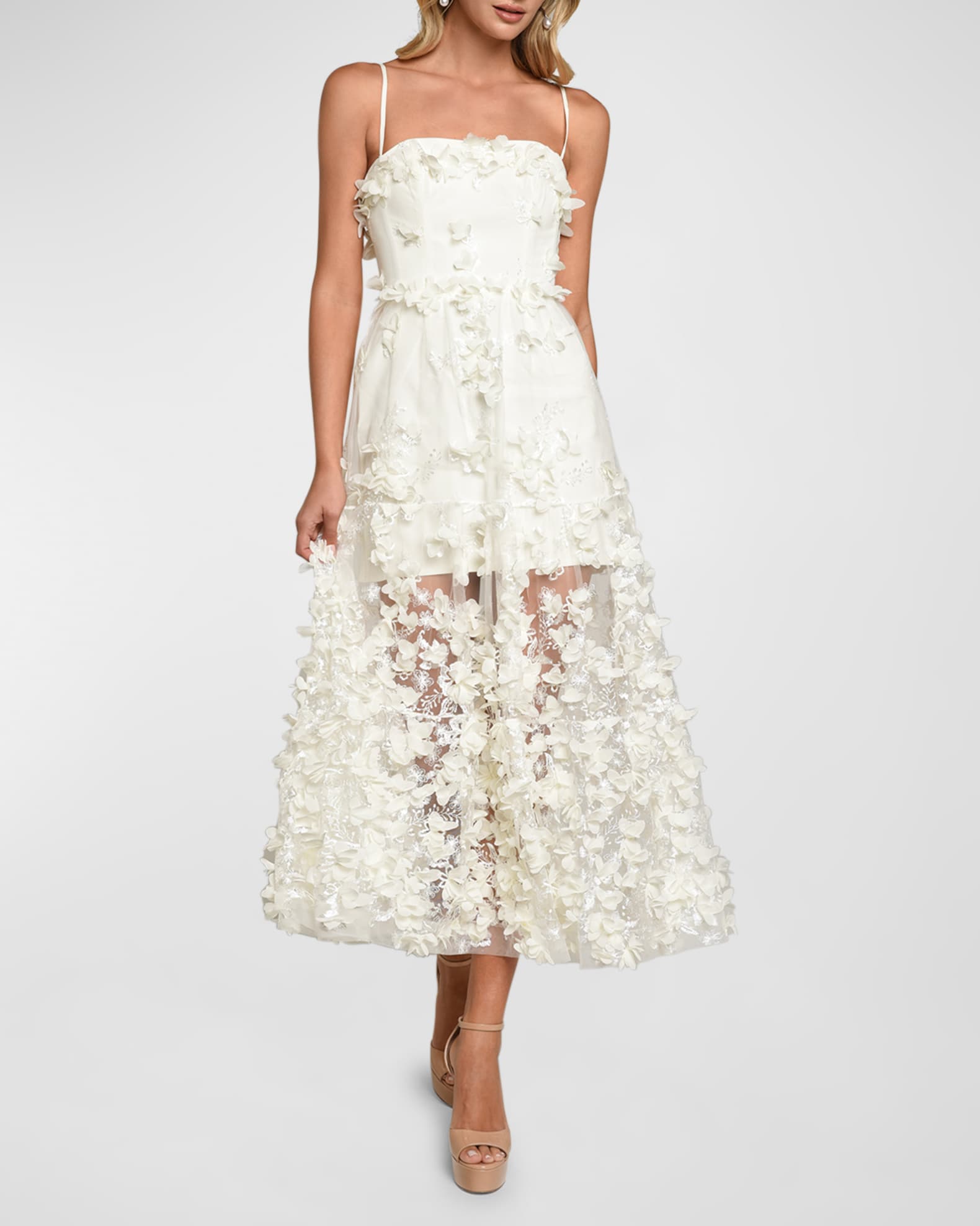 Elegant White Floral Appliqué Midi Dress for Women