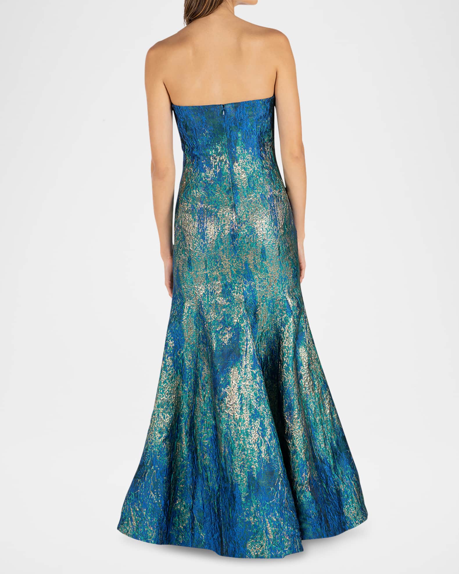 Rene Ruiz Collection Strapless Metallic Jacquard Trumpet Gown Green Aqua Women s 2 Mermaid Trumpet Gowns