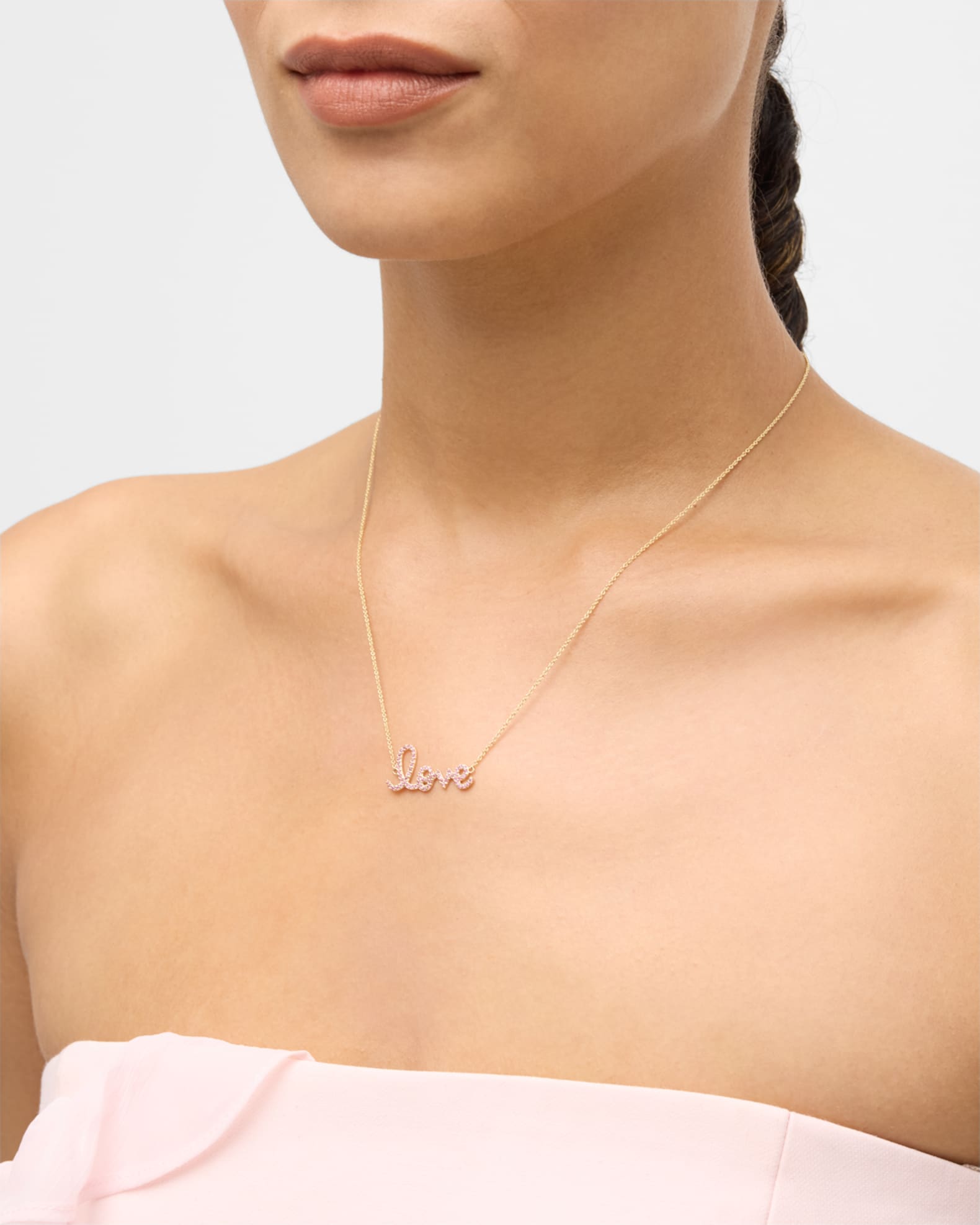 14K Gold Medium Love Script Pink Sapphire Necklace 1